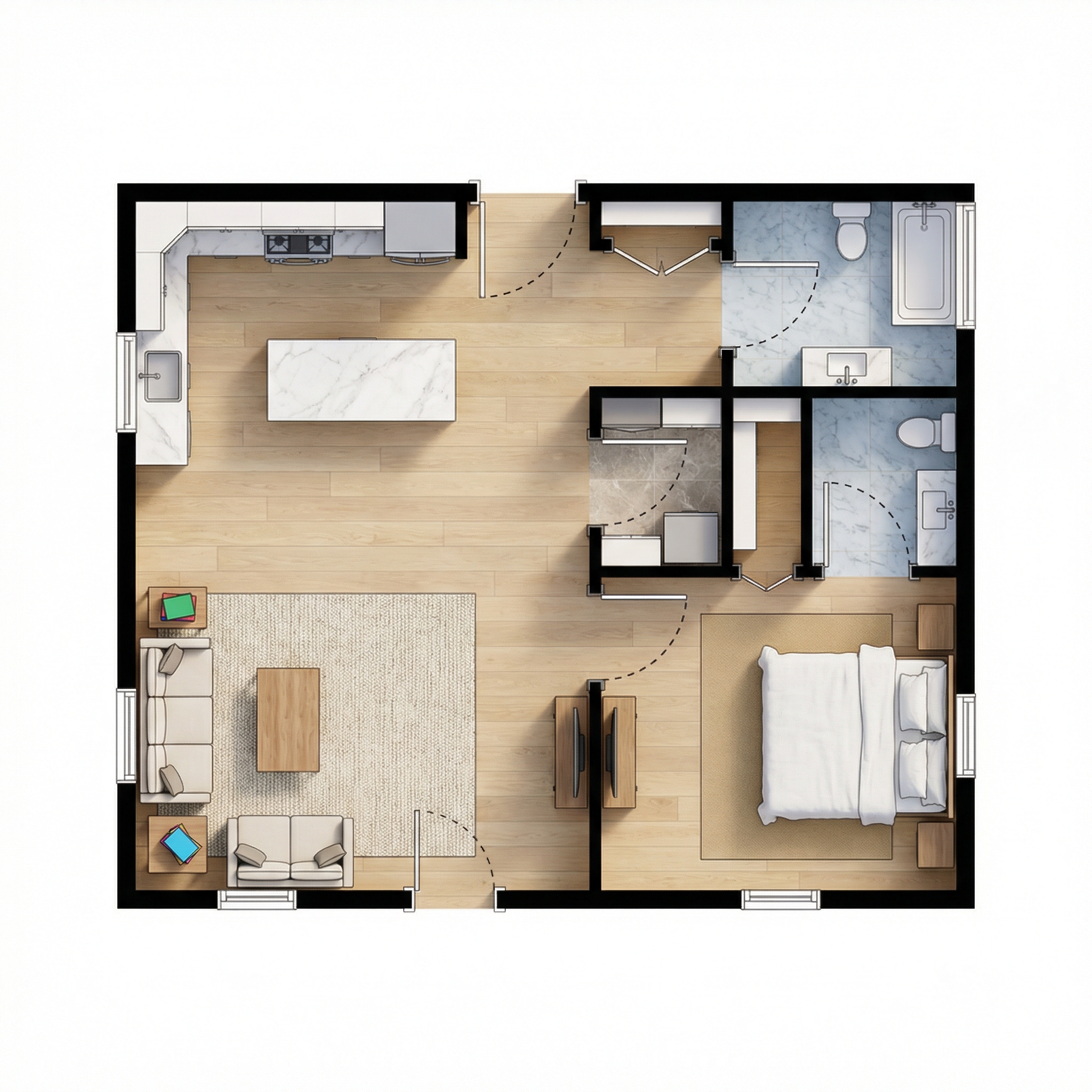 1 bedroom bright floor plan showing 2 bathrooms - 592 sq ft