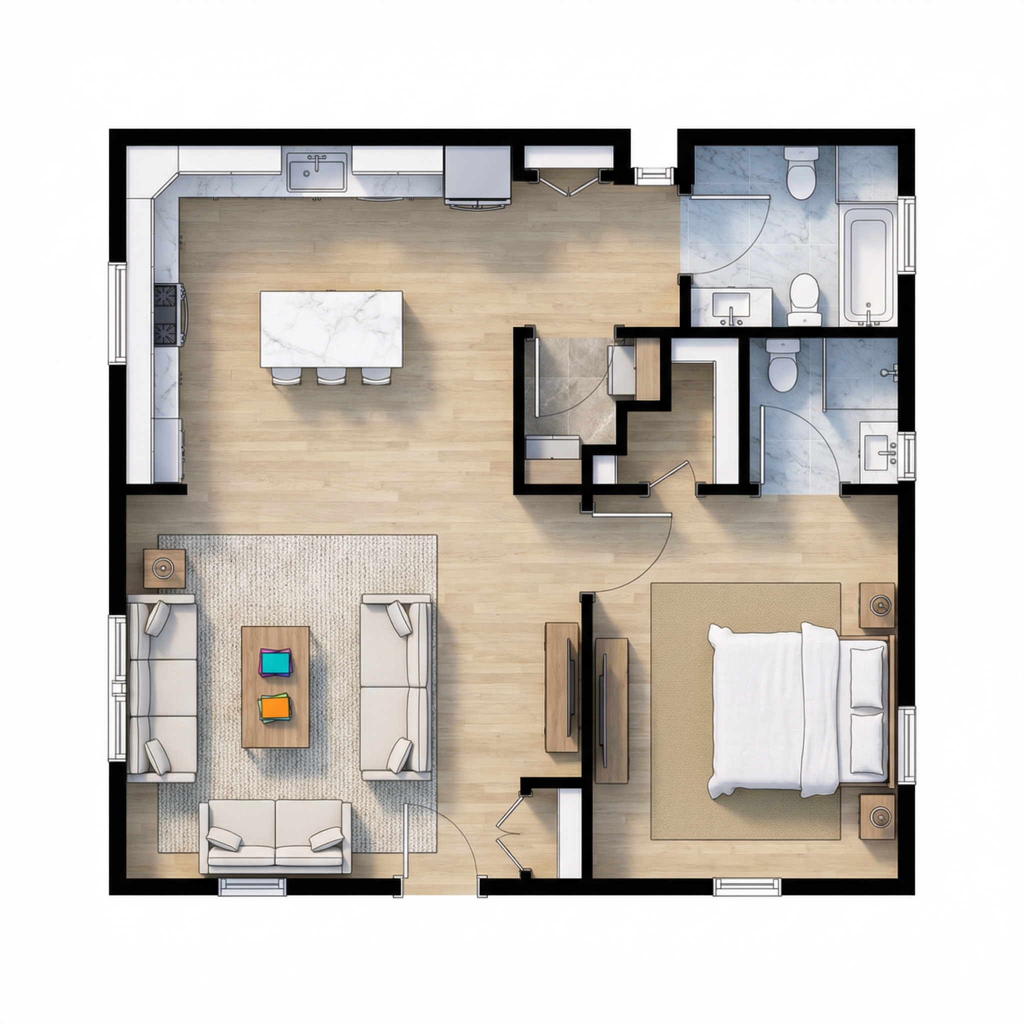 1 bedroom bright floor plan showing 2 bathrooms - 681 sq ft