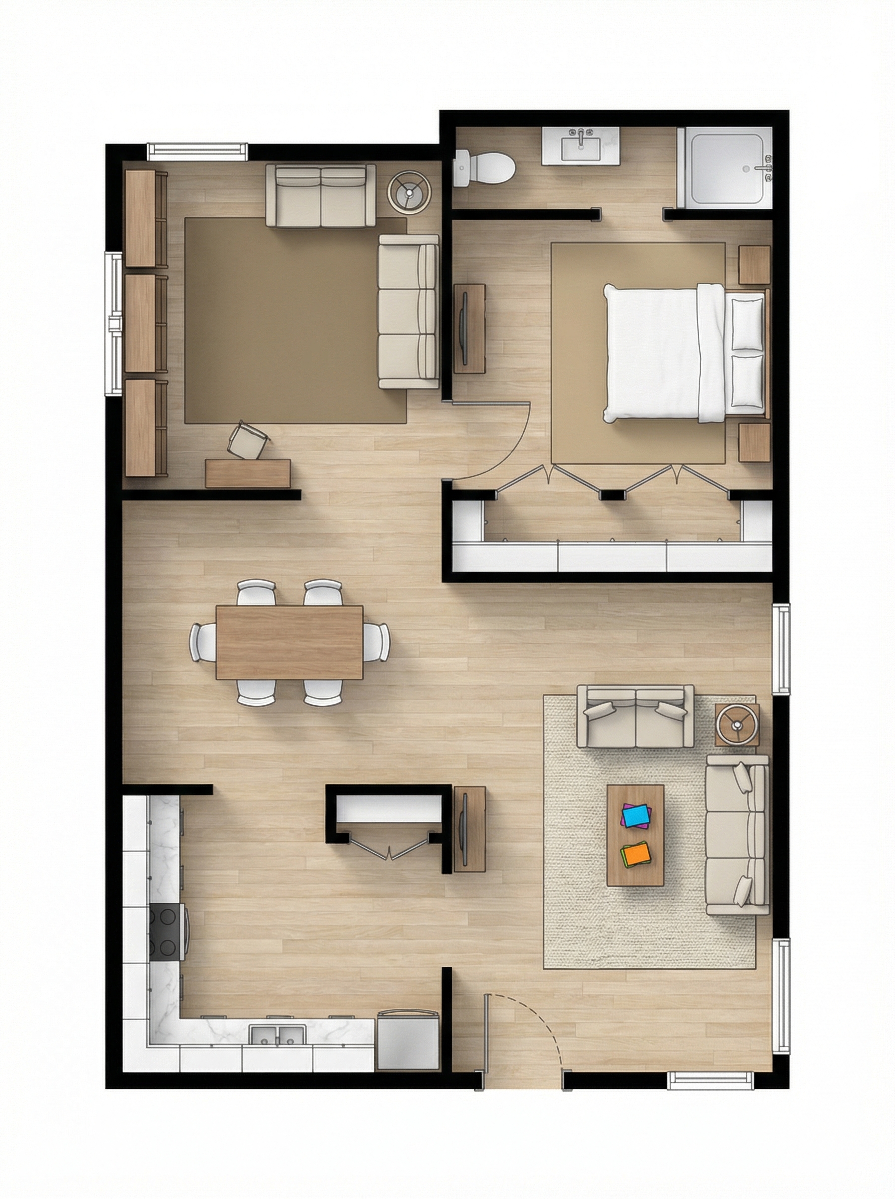 1 bedroom dark floor plan showing 1 bathrooms - 749 sq ft