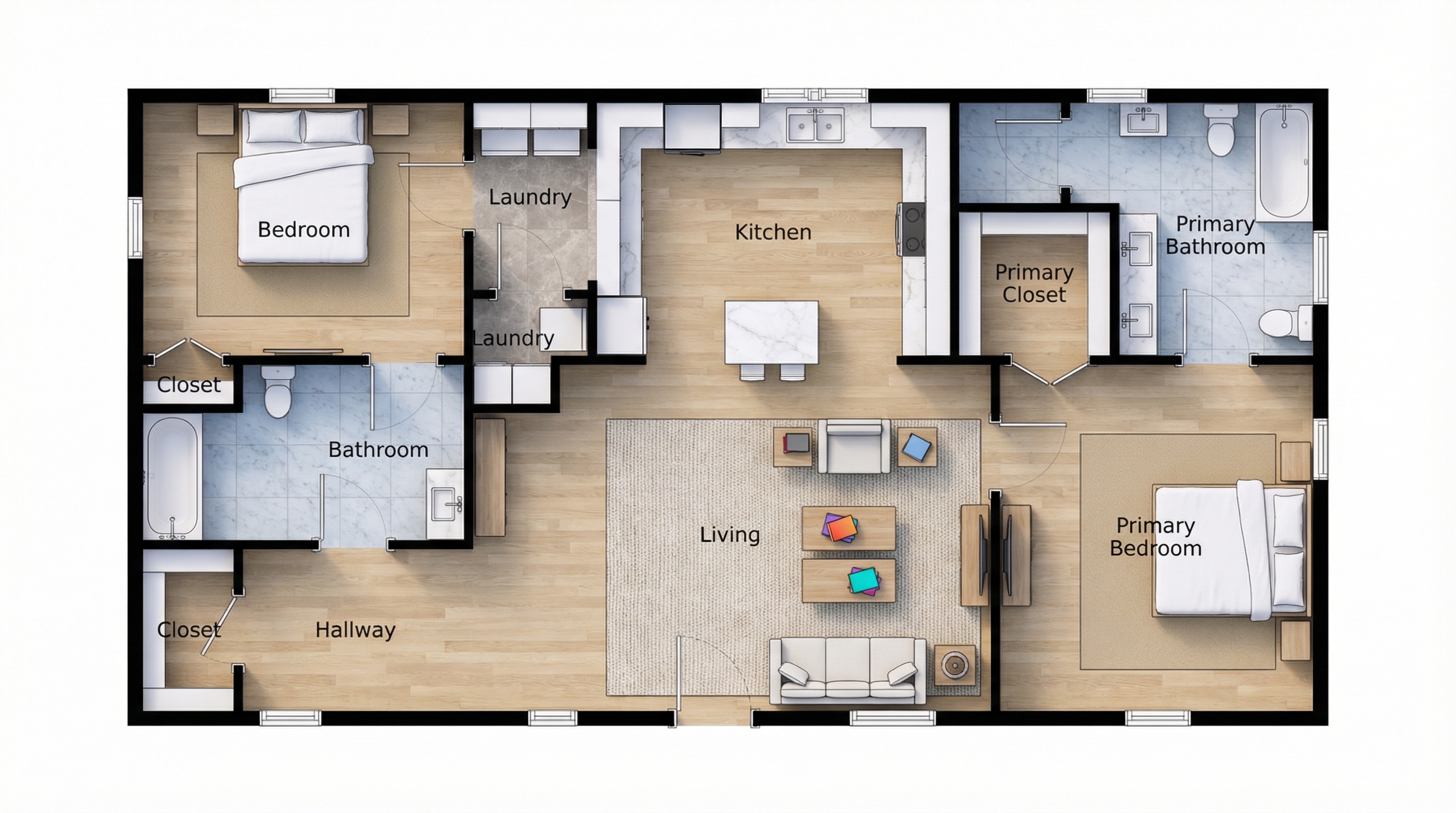 2 bedroom bright floor plan showing 2 bathrooms - 1,206 sq ft