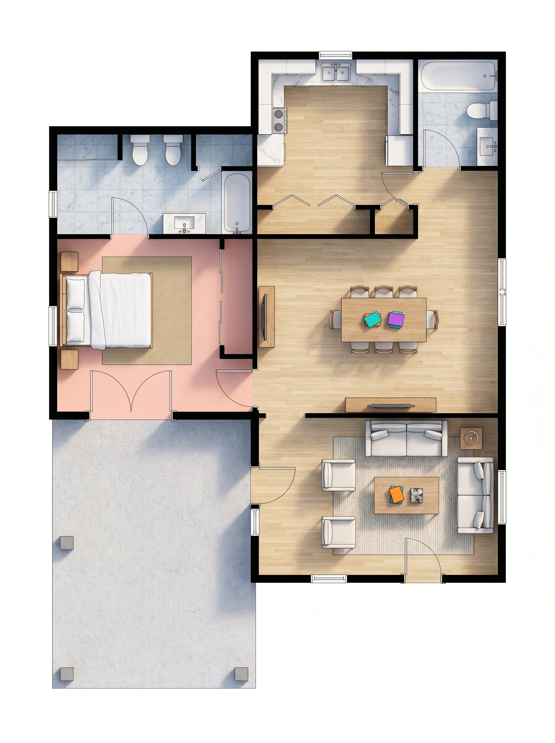 2 bedroom natural floor plan showing 2 bathrooms - 1,308 sq ft