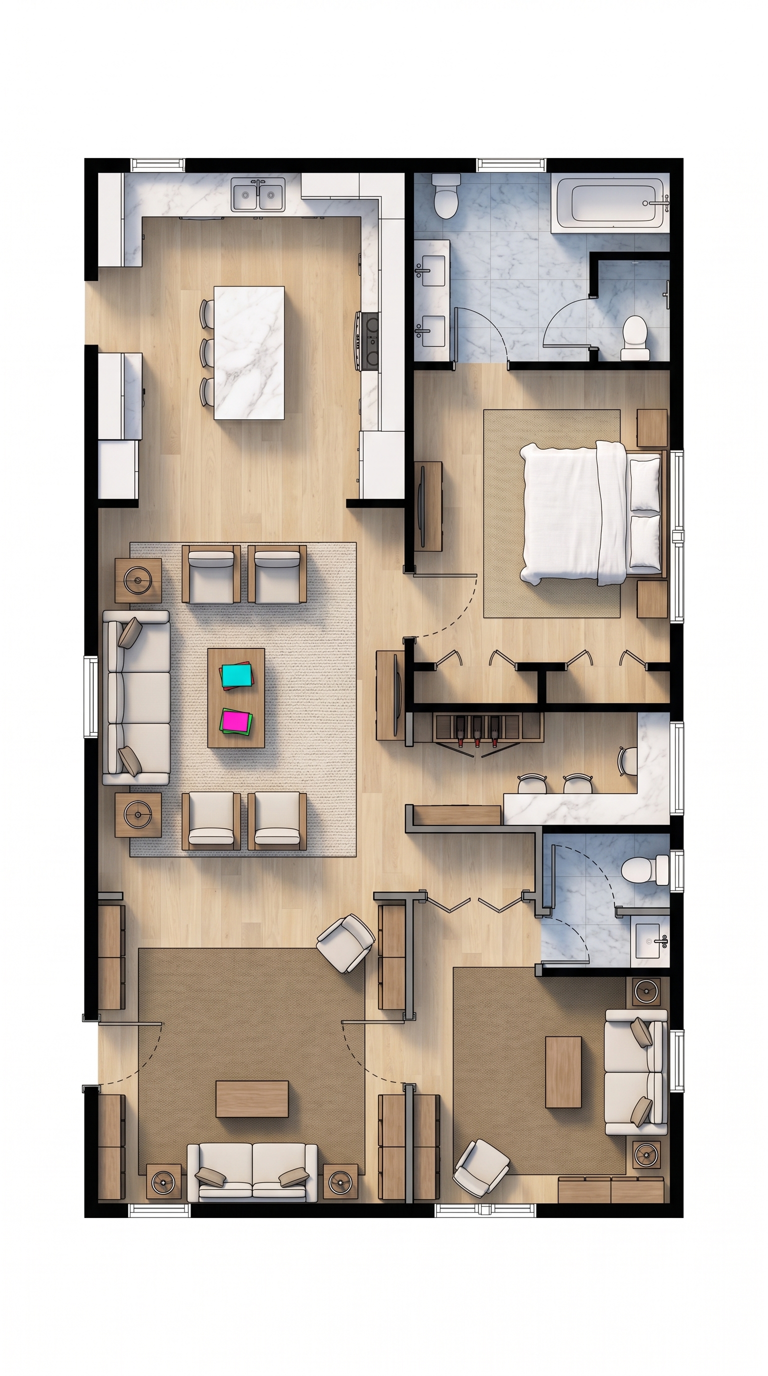 1 bedroom earthy floor plan showing 2 bathrooms - 1,101 sq ft