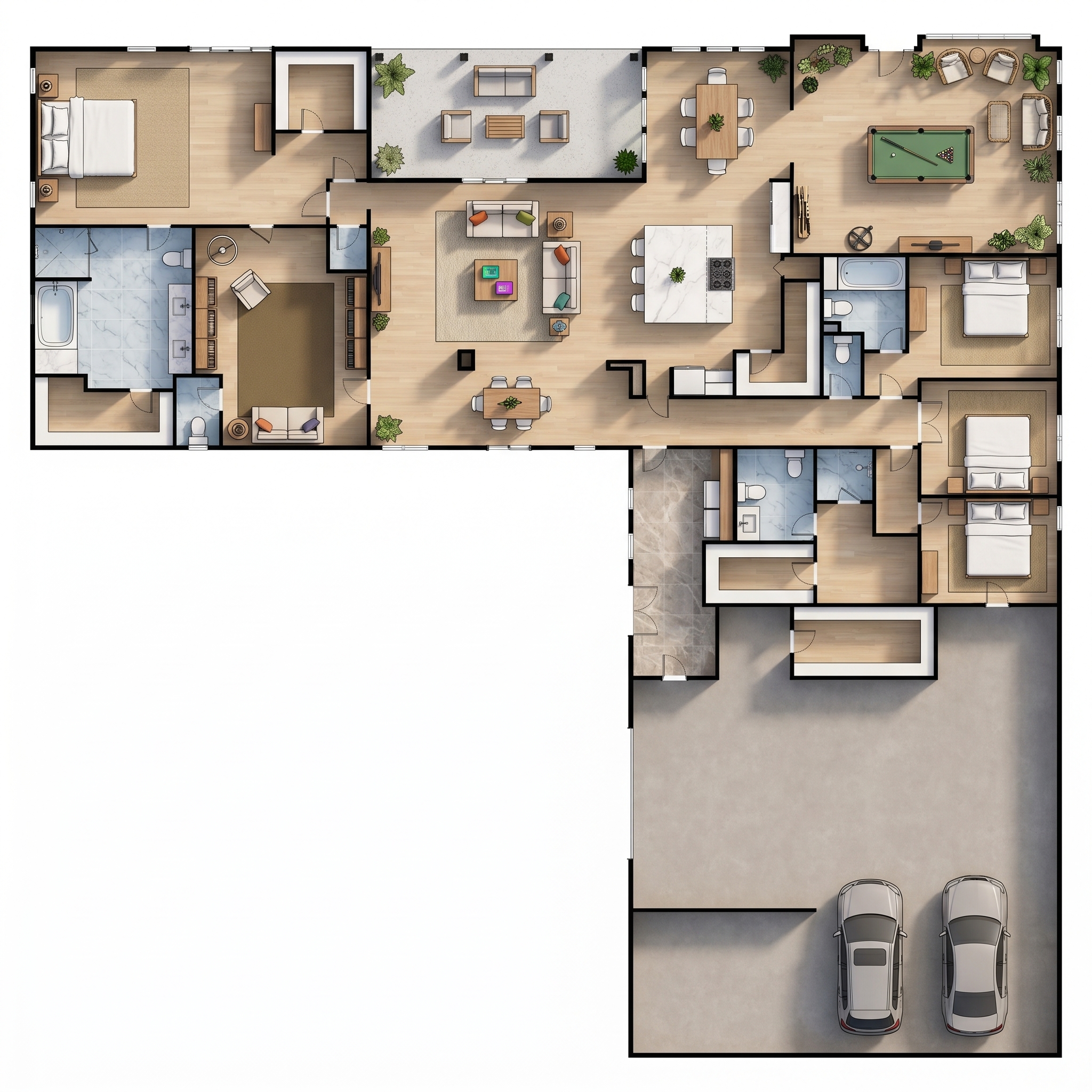 5 bedroom earthy floor plan showing 6 bathrooms - 10,149 sq ft