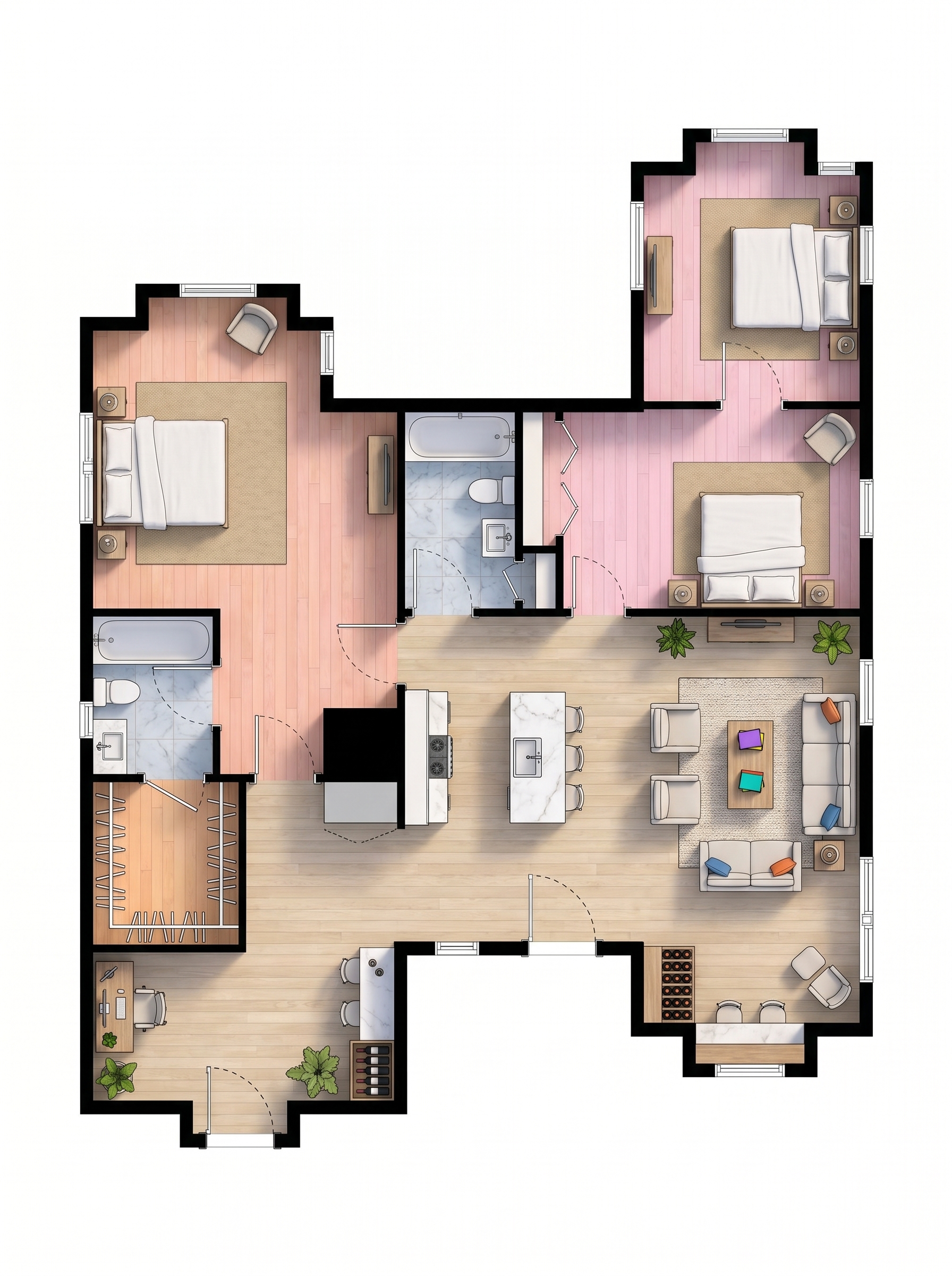 1 bedroom natural floor plan showing 2 bathrooms - 1,187 sq ft