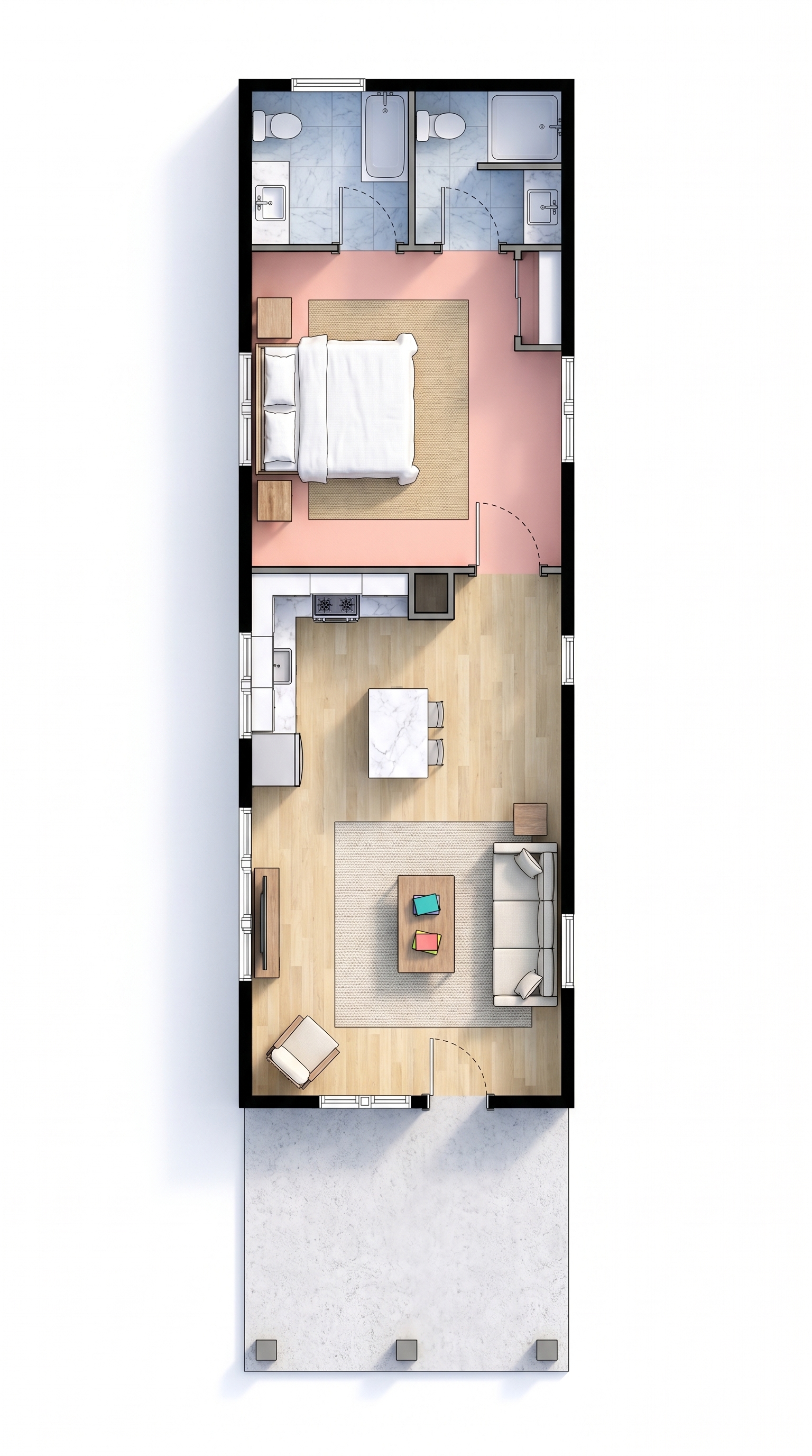 1 bedroom earthy floor plan showing 2 bathrooms - 918 sq ft