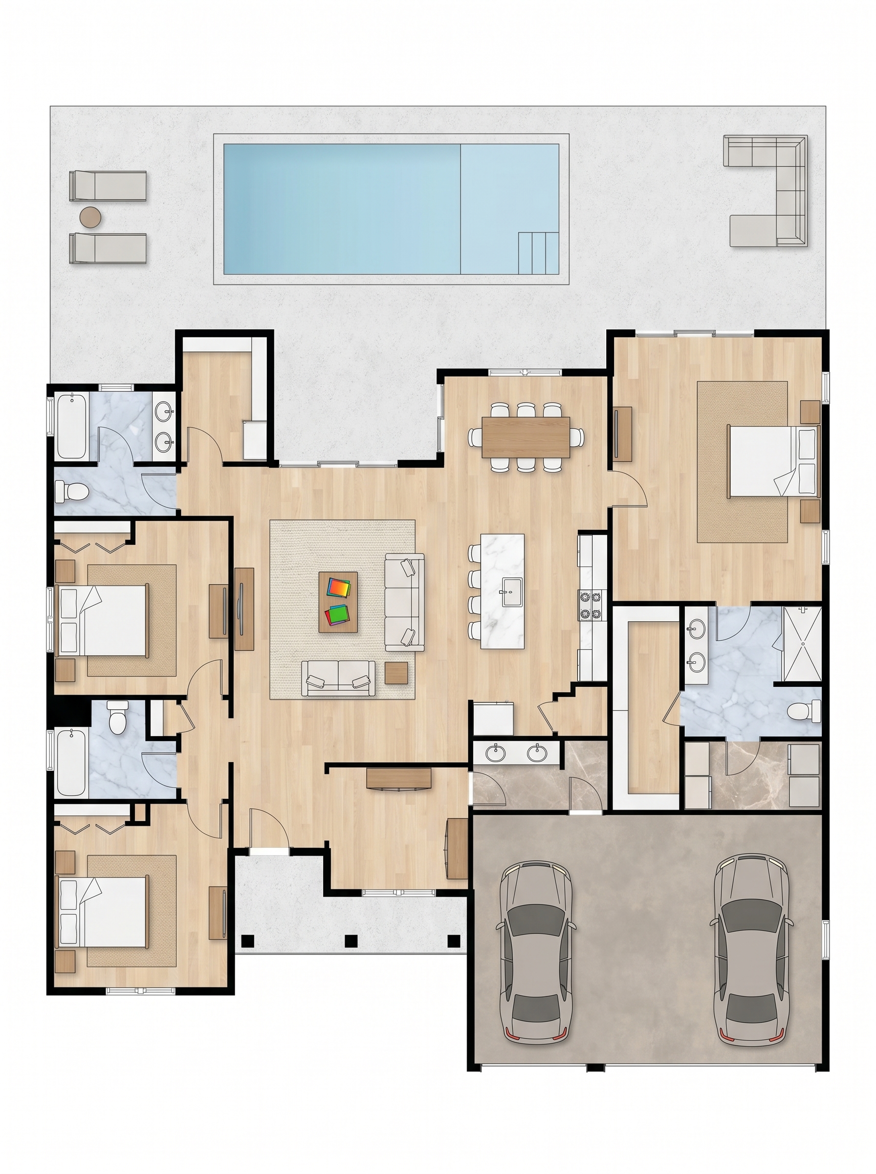 3 bedroom earthy floor plan showing 3 bathrooms - 2,884 sq ft