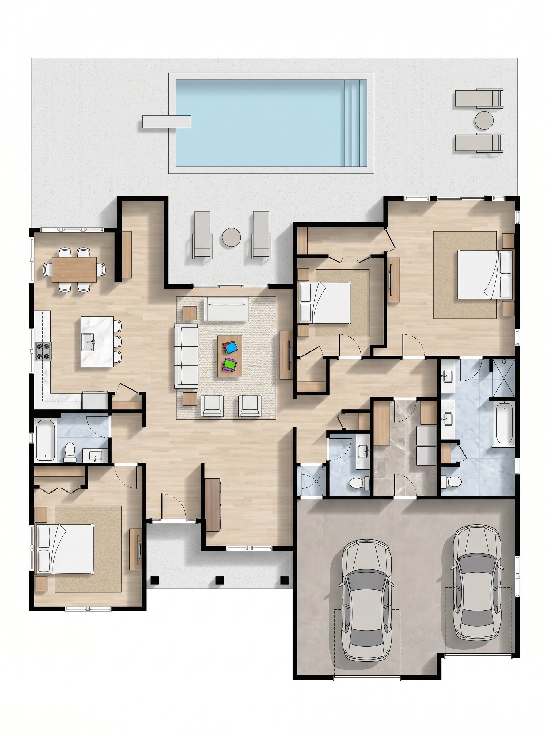 3 bedroom earthy floor plan showing 2 bathrooms - 2,850 sq ft