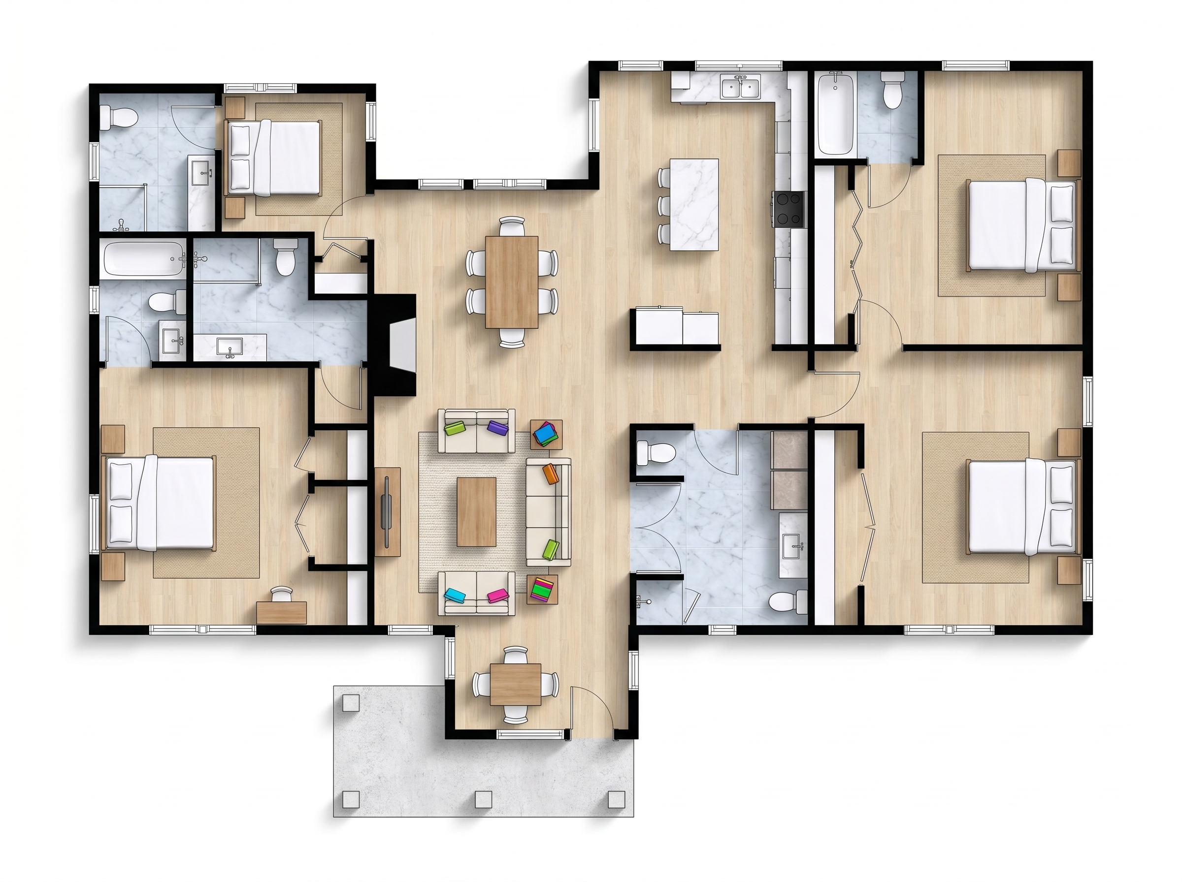 3 bedroom earthy floor plan showing 2 bathrooms - 2,013 sq ft