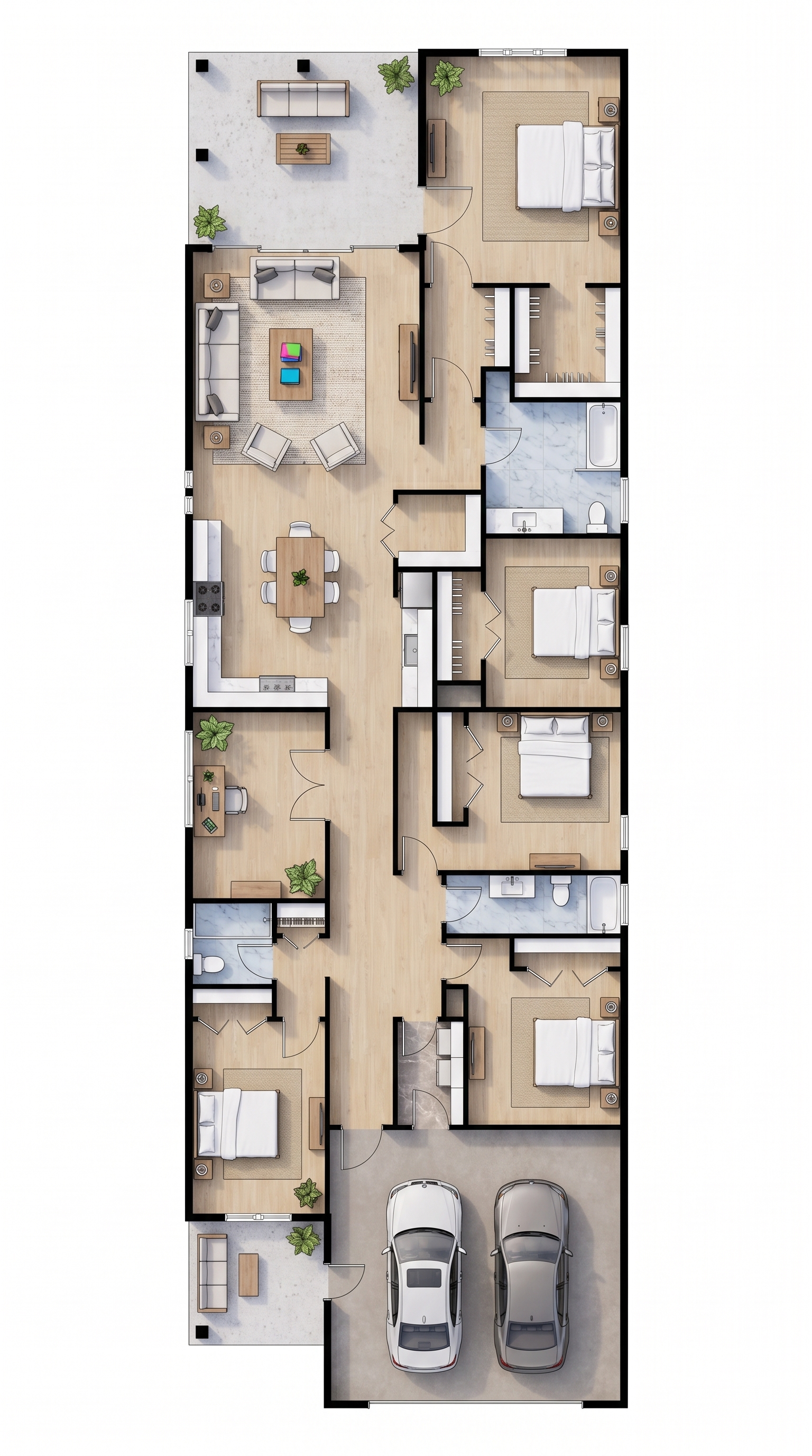 5 bedroom bright floor plan showing 2 bathrooms - 3,335 sq ft