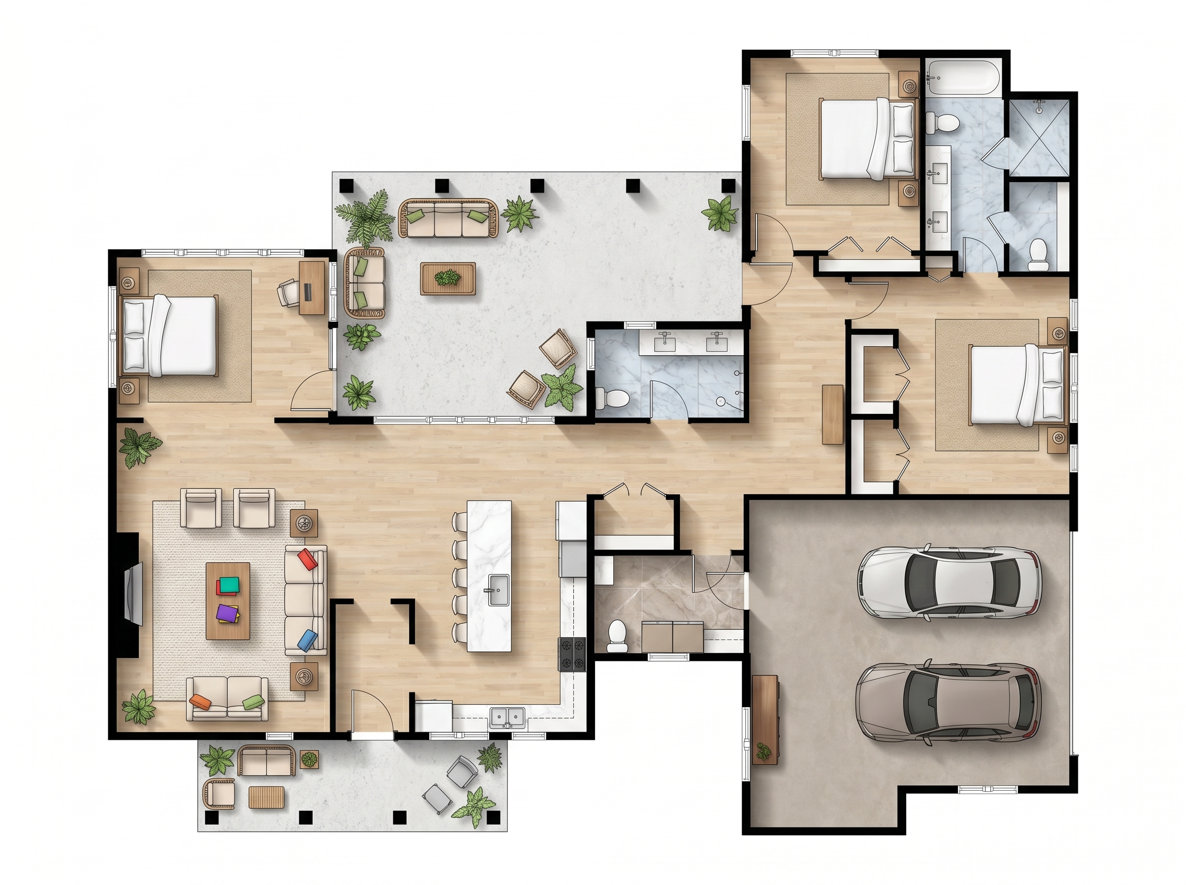 2 bedroom earthy floor plan showing 2 bathrooms - 3,099 sq ft