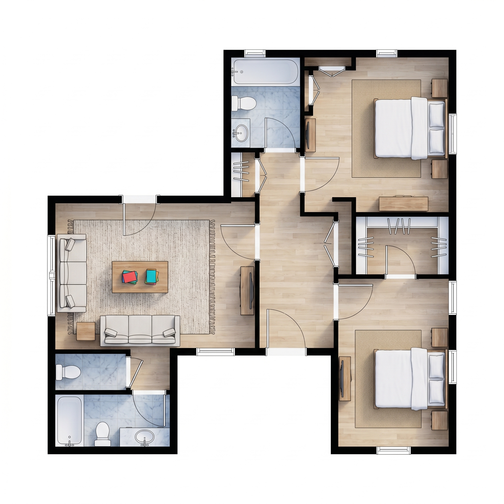 3 bedroom bright floor plan showing 2 bathrooms - 710 sq ft