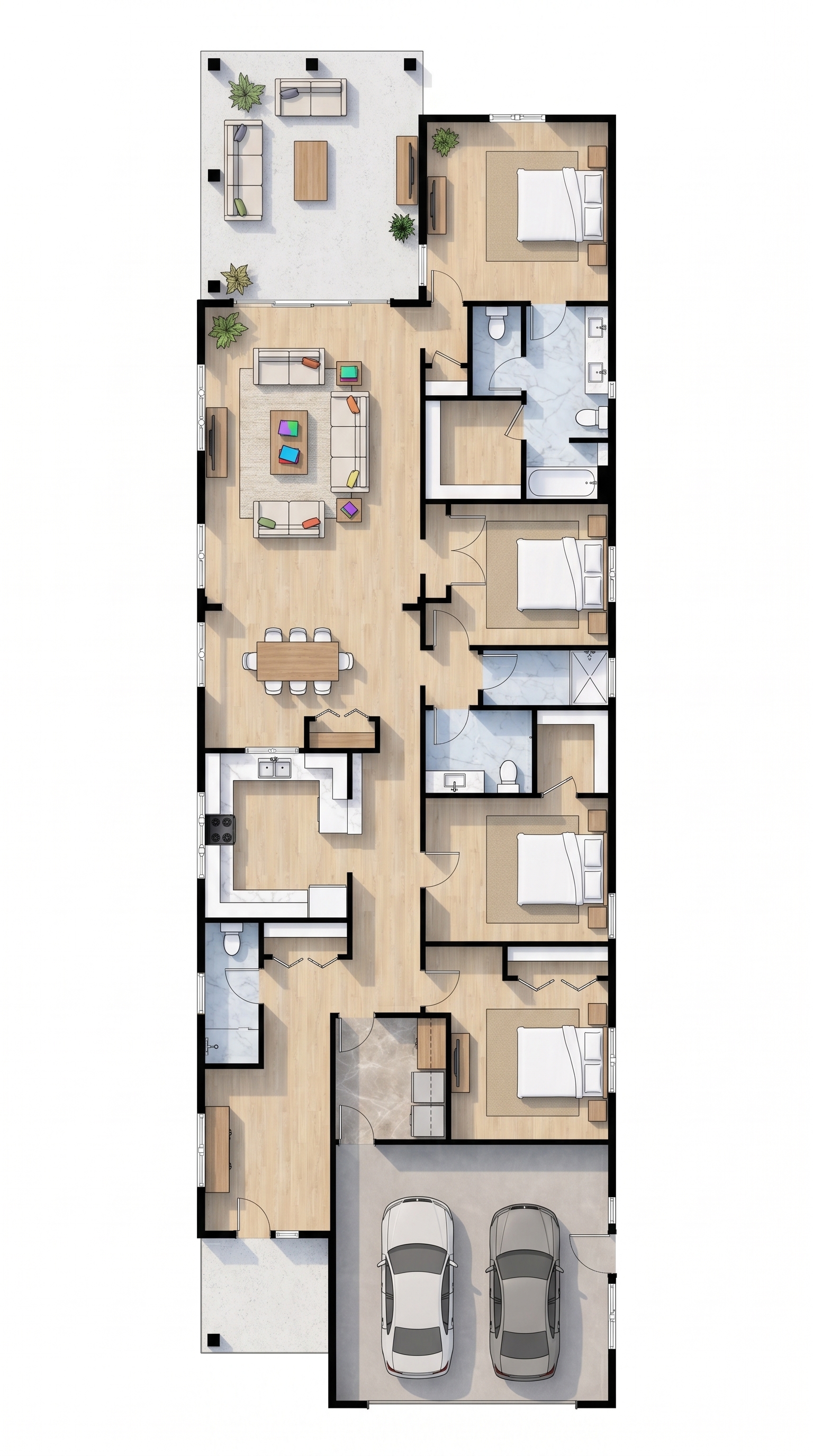 4 bedroom bright floor plan showing 4 bathrooms - 3,212 sq ft