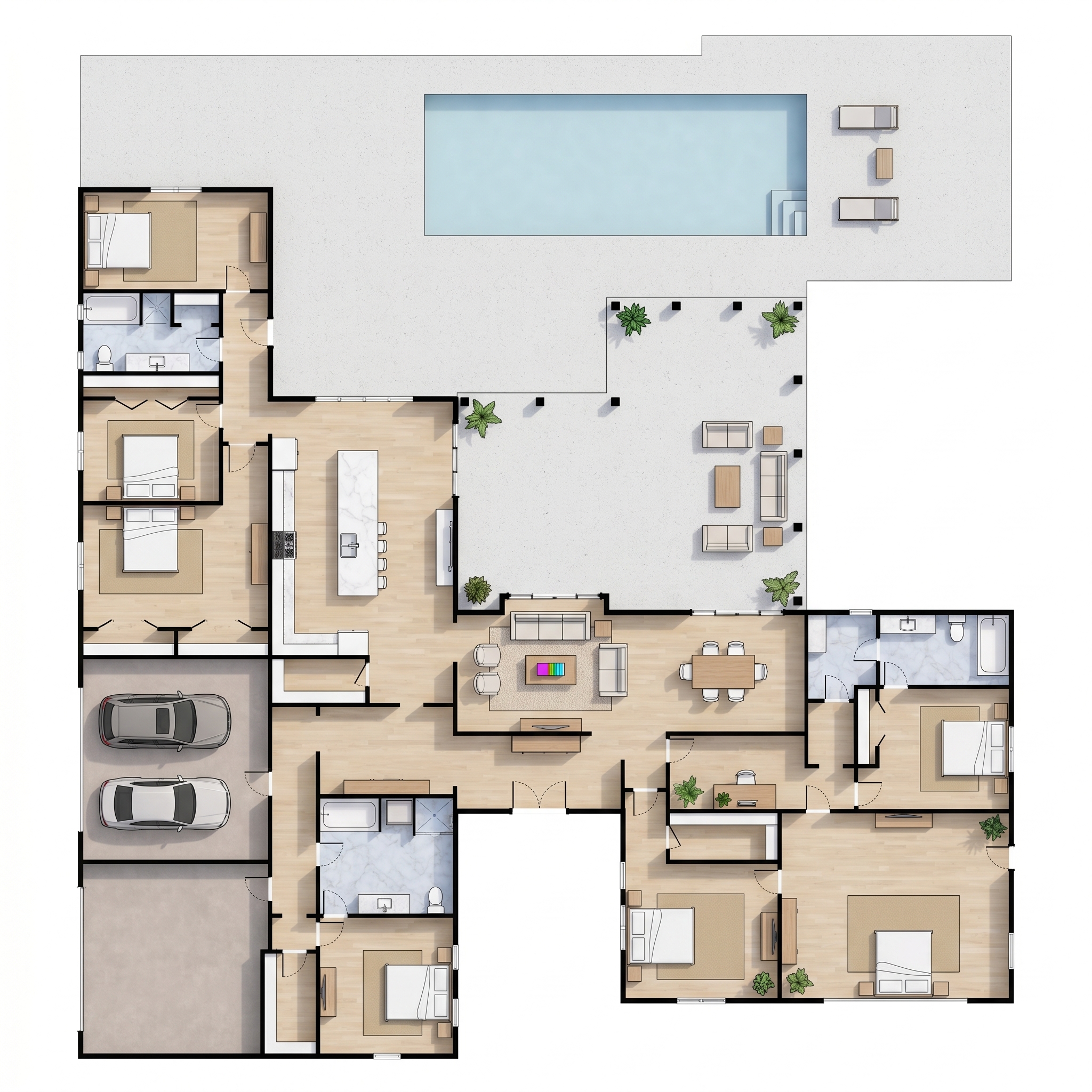 6 bedroom earthy floor plan showing 4 bathrooms - 7,051 sq ft