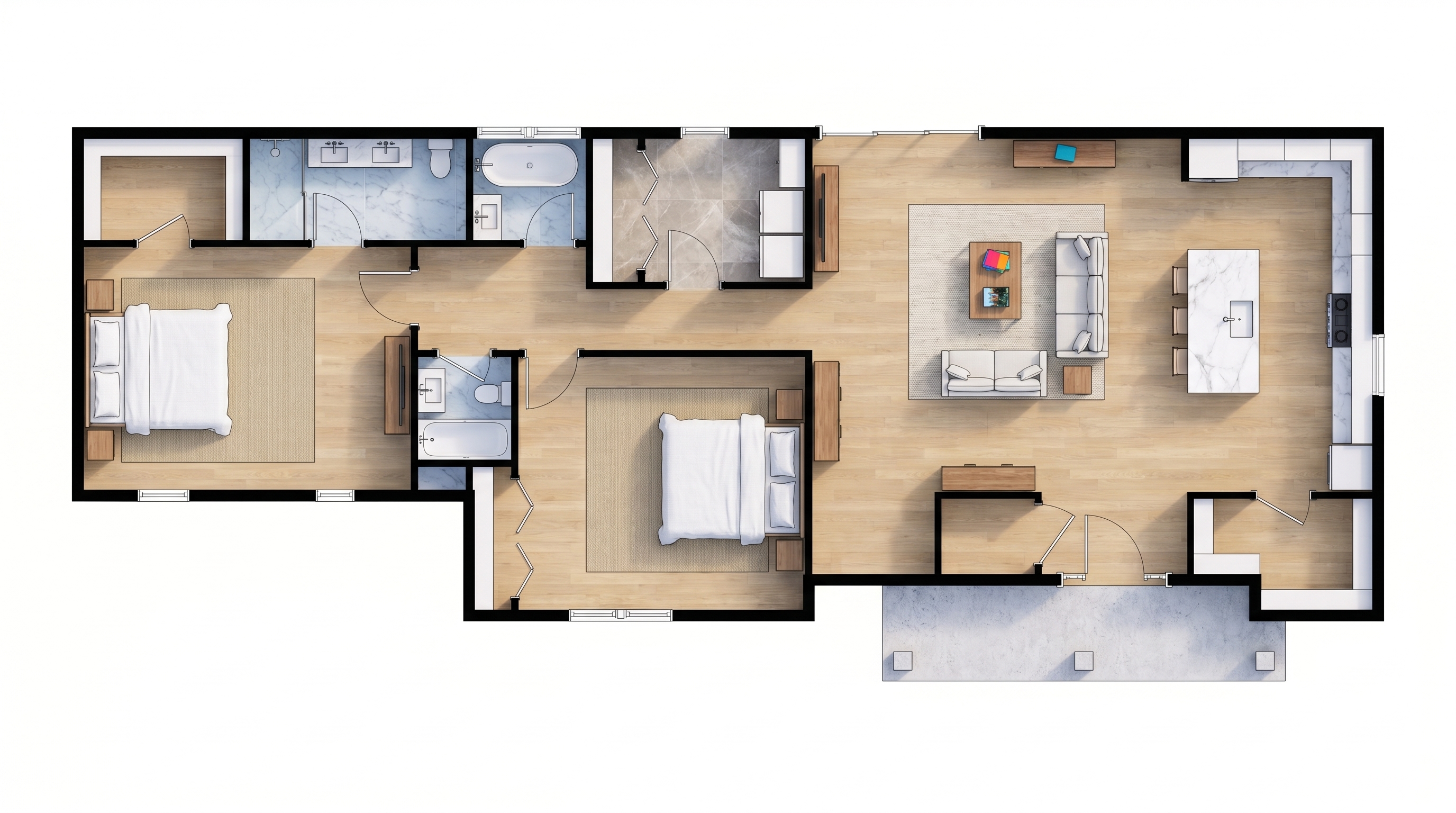 2 bedroom earthy floor plan showing 2 bathrooms - 1,601 sq ft