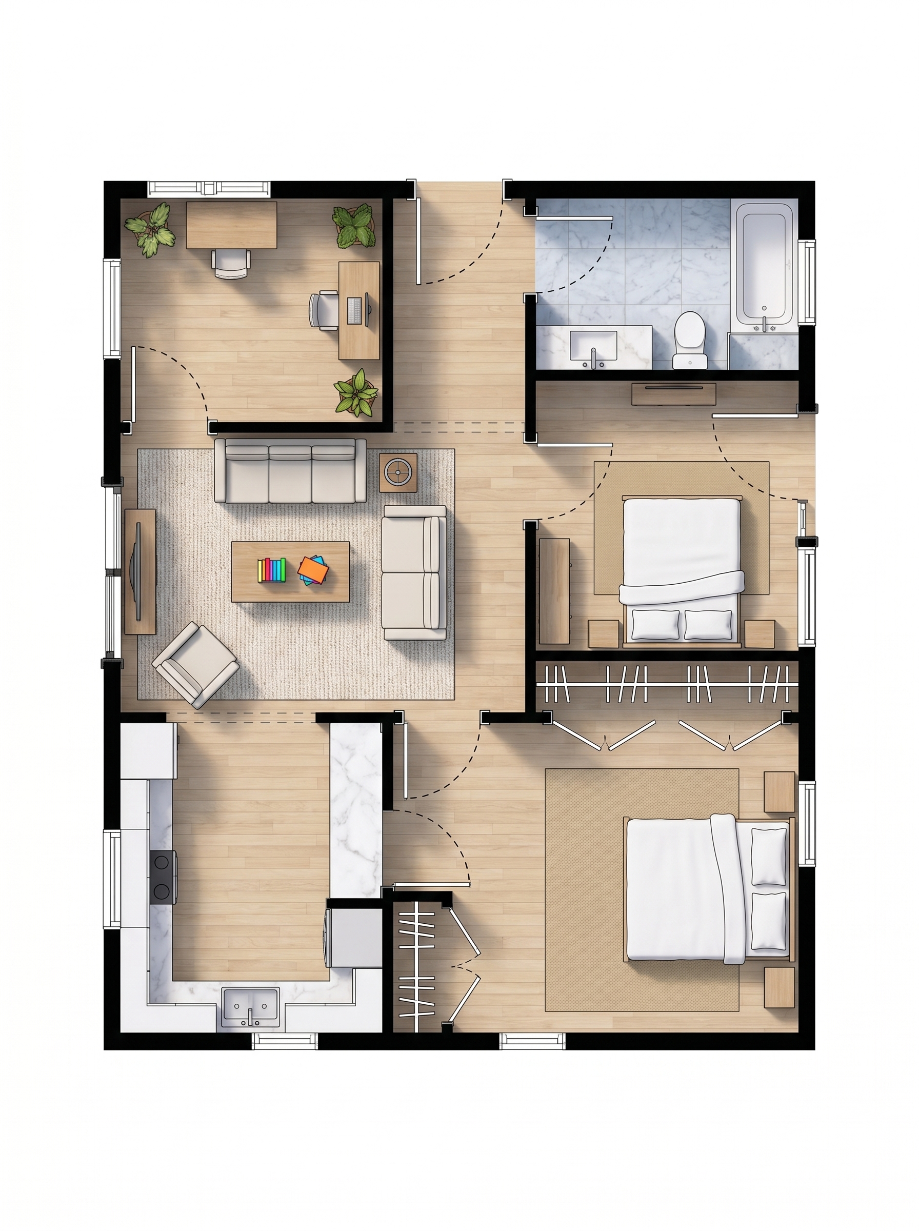 1 bedroom bright floor plan showing 1 bathrooms - 726 sq ft