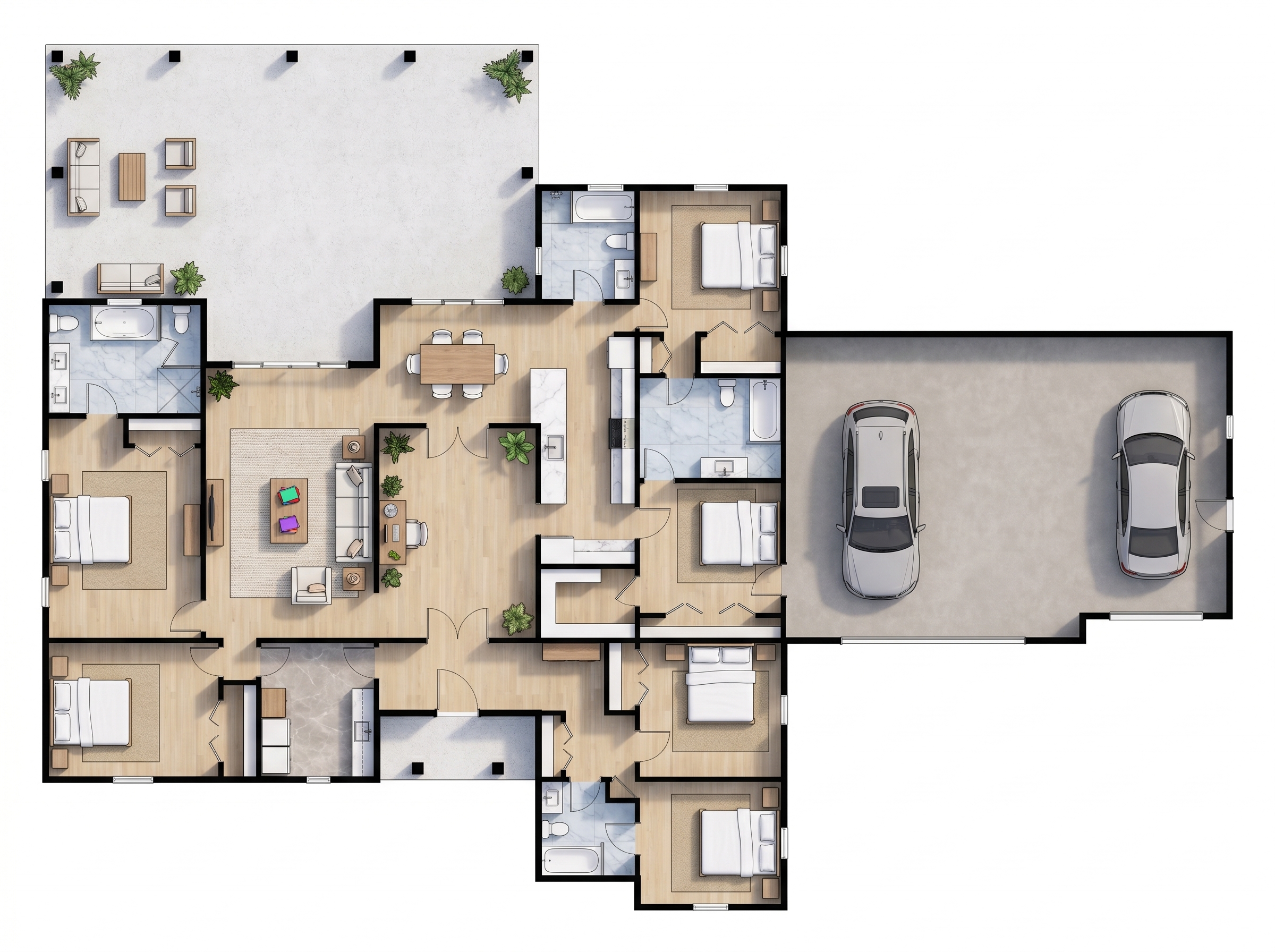 6 bedroom bright floor plan showing 4 bathrooms - 5,129 sq ft