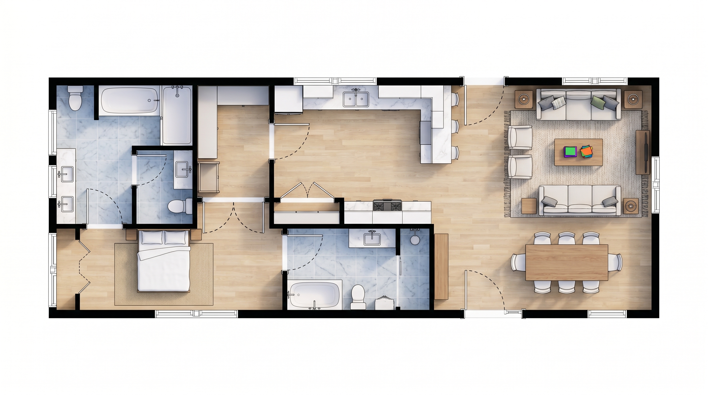 1 bedroom earthy floor plan showing 2 bathrooms - 810 sq ft