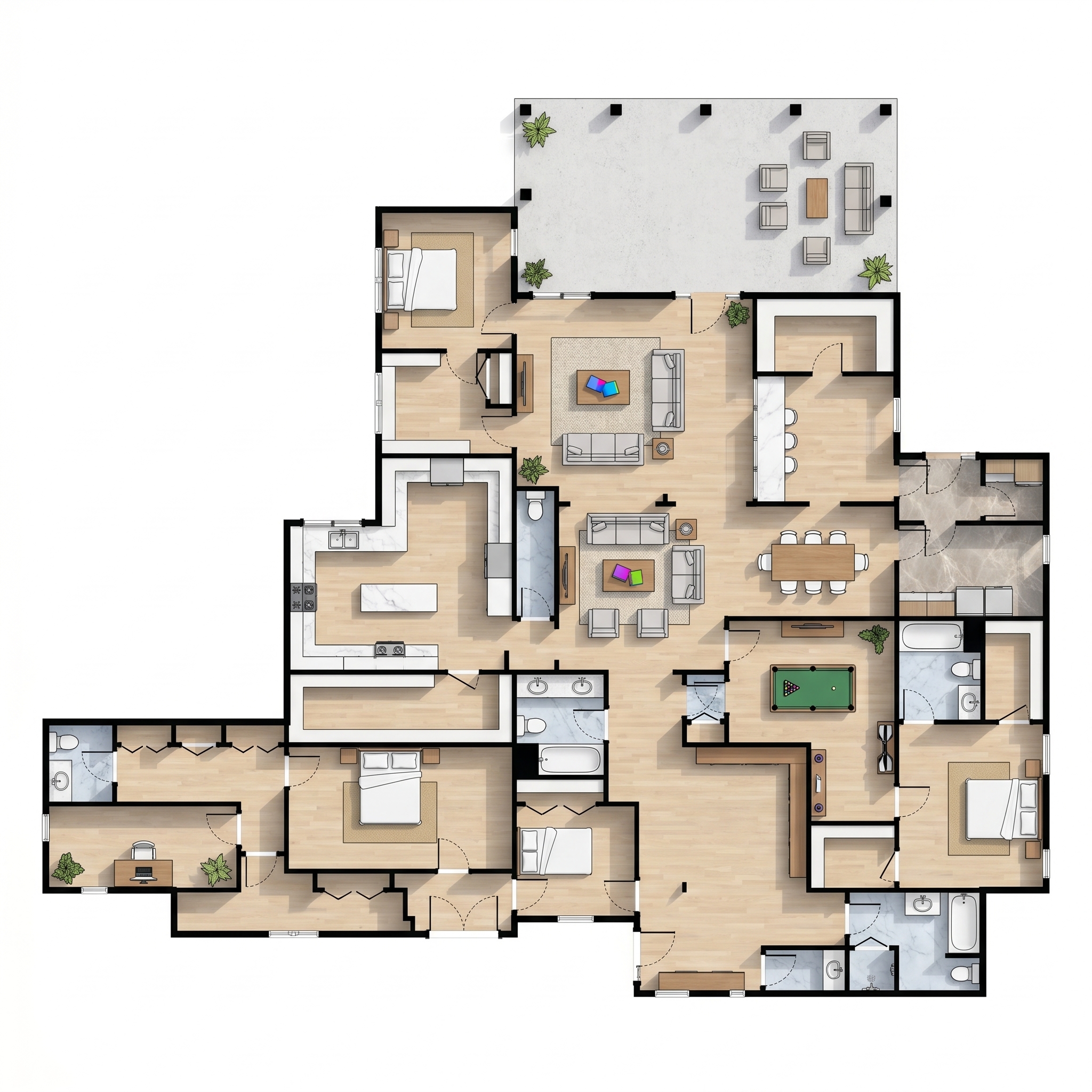 6 bedroom earthy floor plan showing 9 bathrooms - 3,892 sq ft