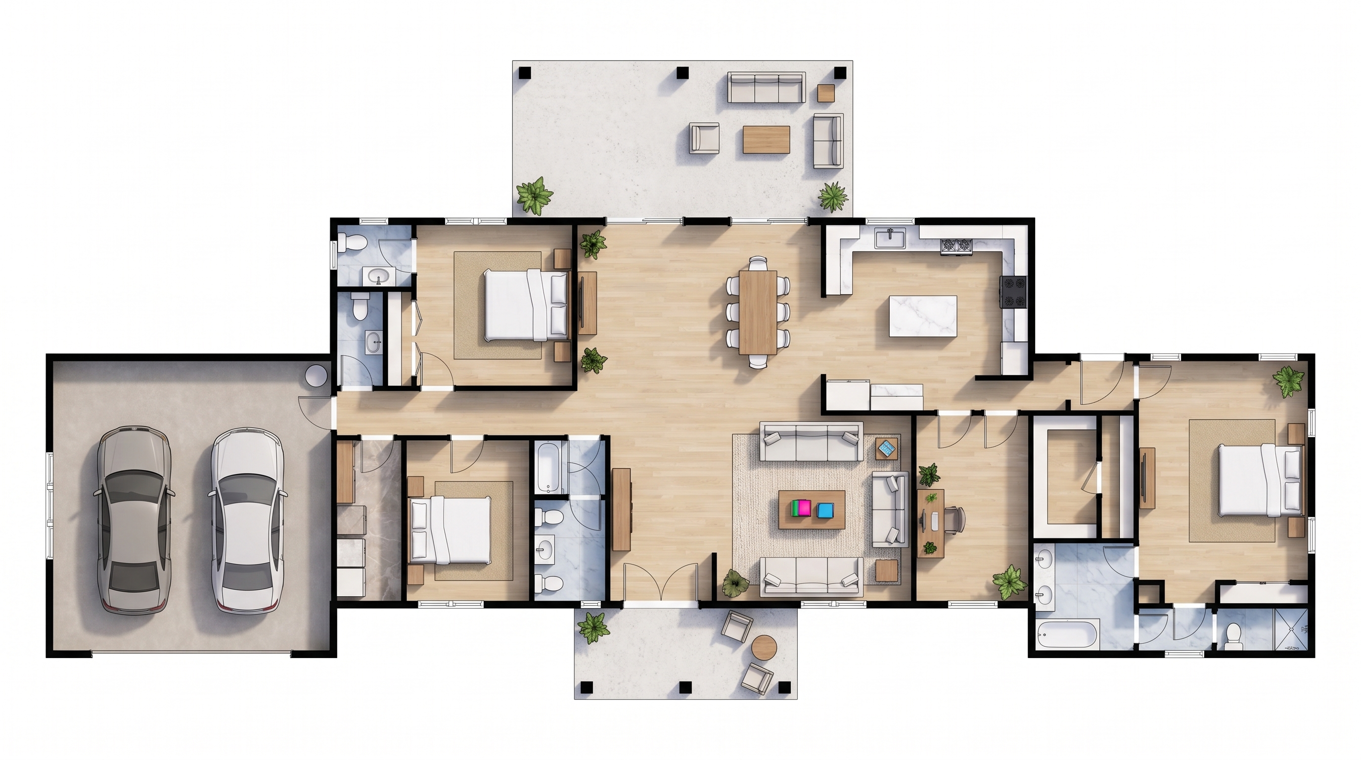 3 bedroom dark floor plan showing 4 bathrooms - 3,343 sq ft