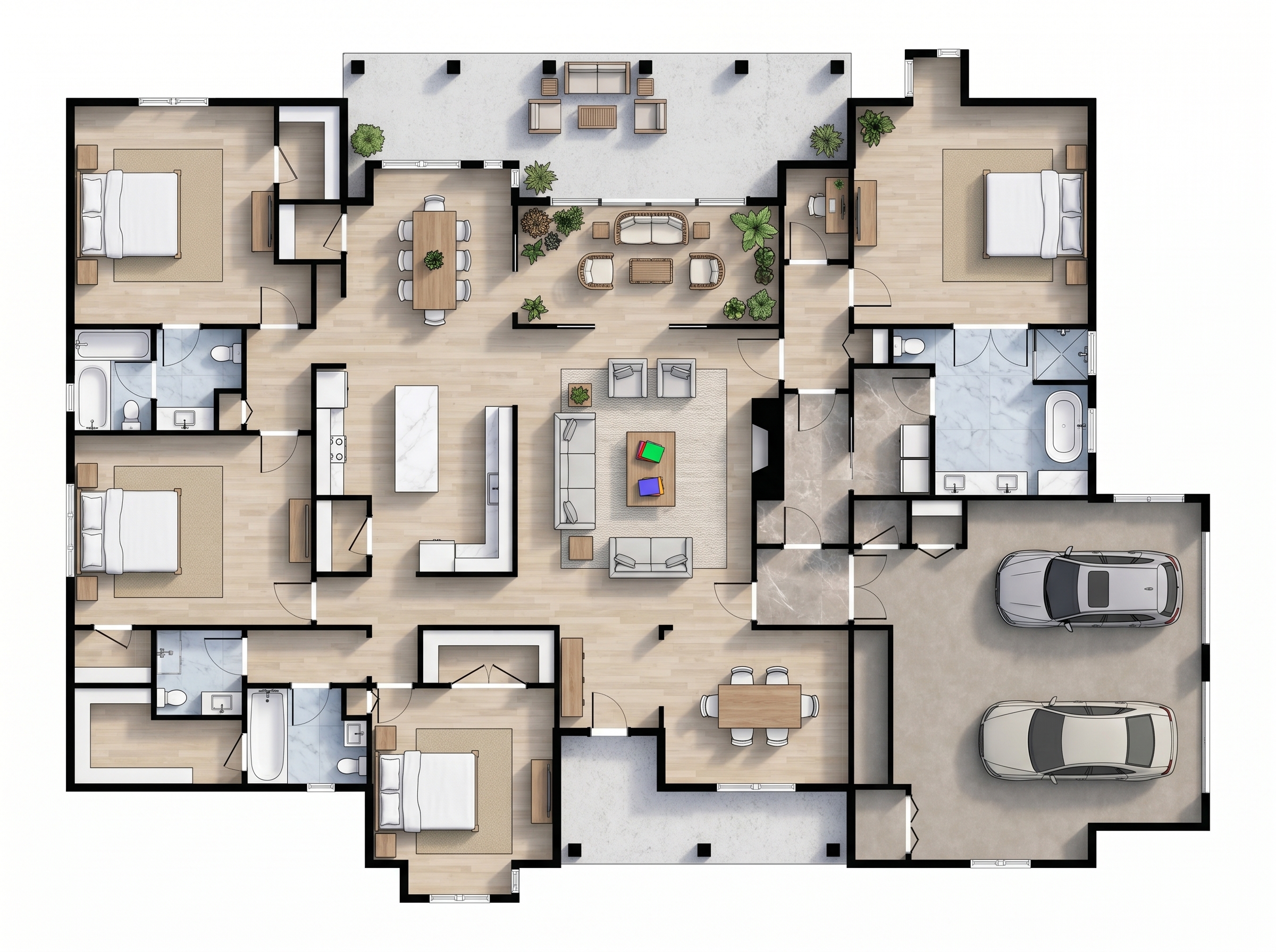 4 bedroom bright floor plan showing 4 bathrooms - 4,267 sq ft