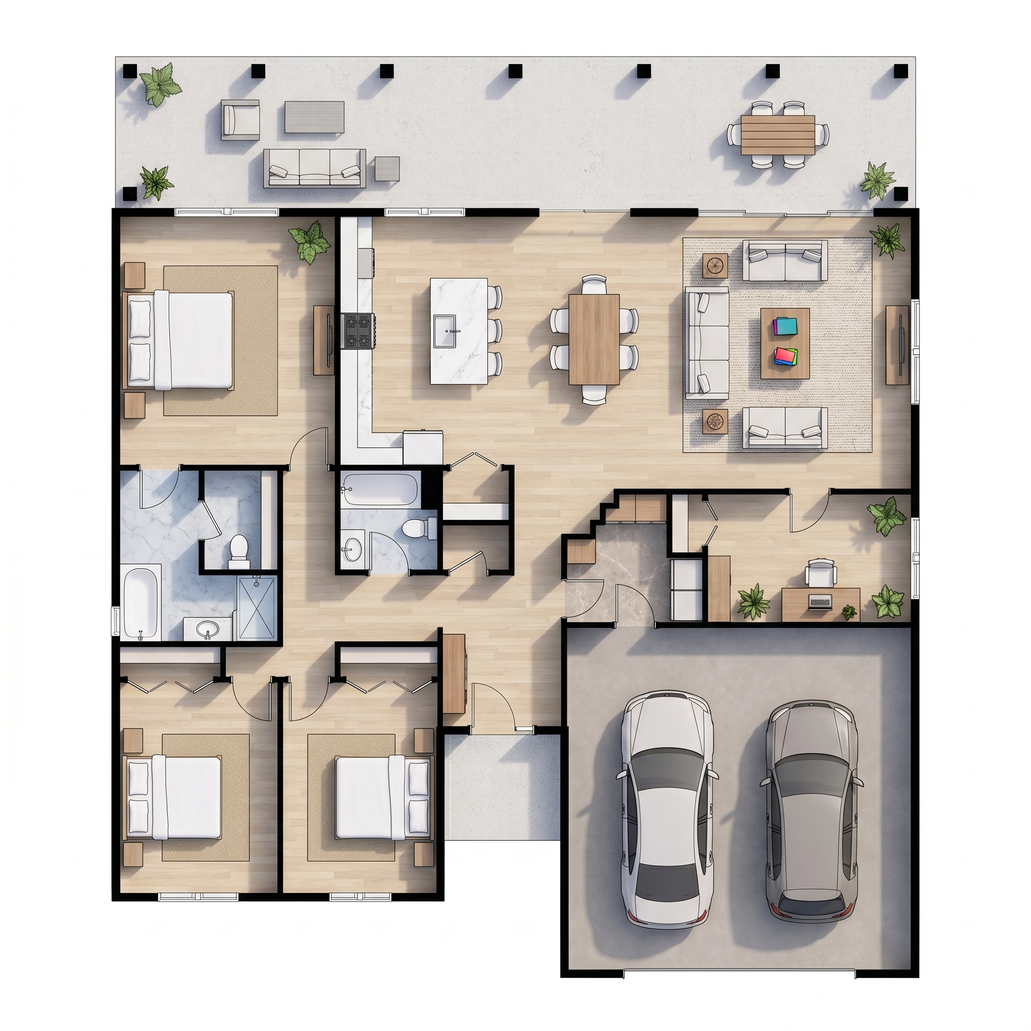 3 bedroom rustic floor plan showing 2 bathrooms - 3,372 sq ft