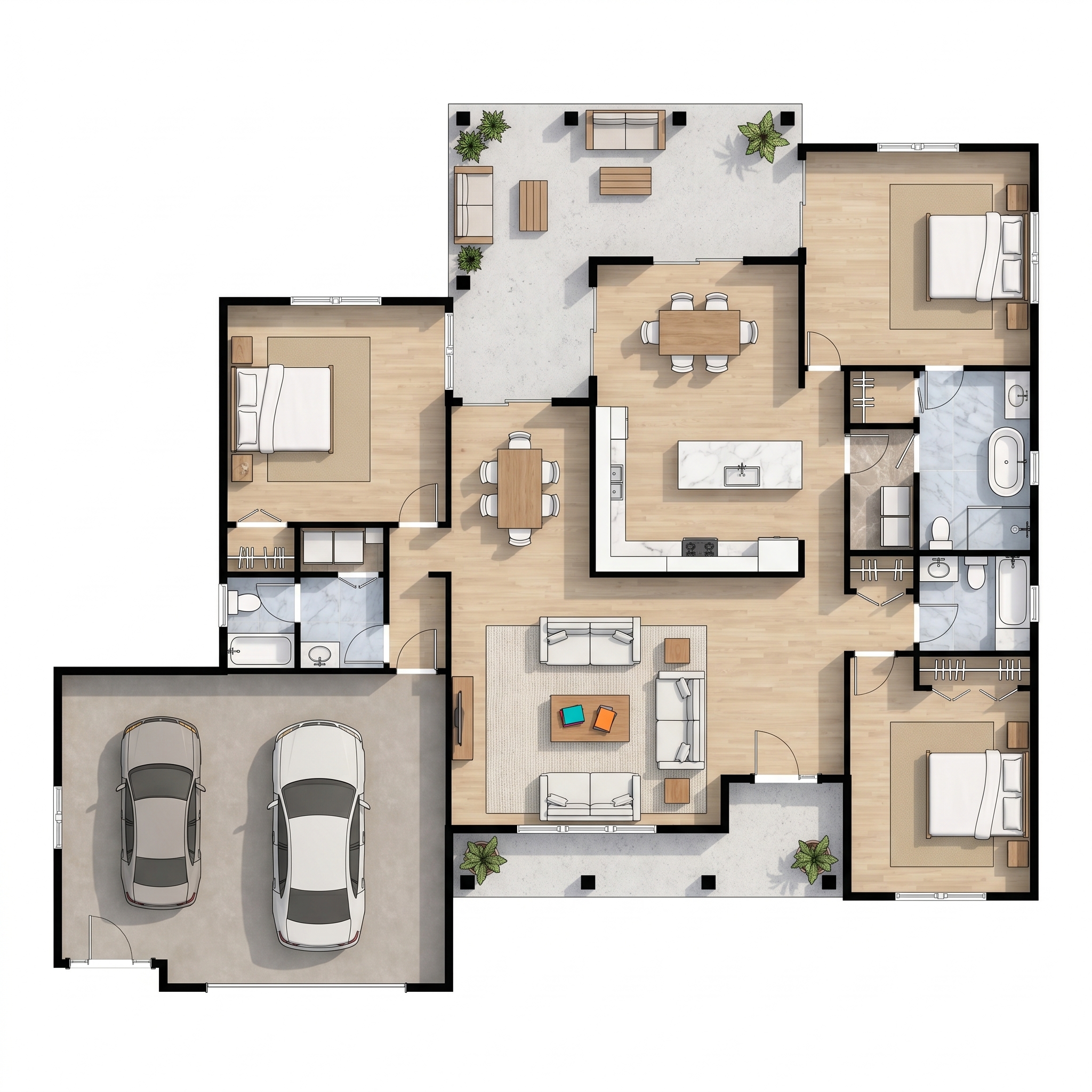 3 bedroom bright floor plan showing 3 bathrooms - 3,176 sq ft