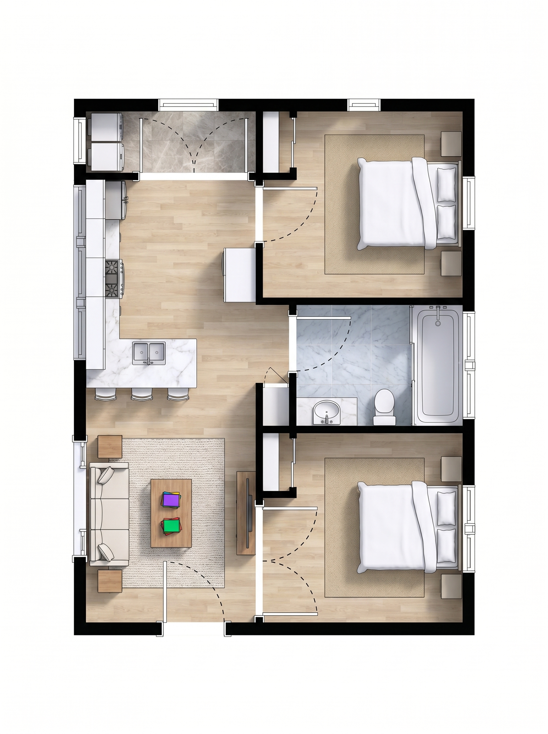 2 bedroom bright floor plan showing 1 bathrooms - 495 sq ft