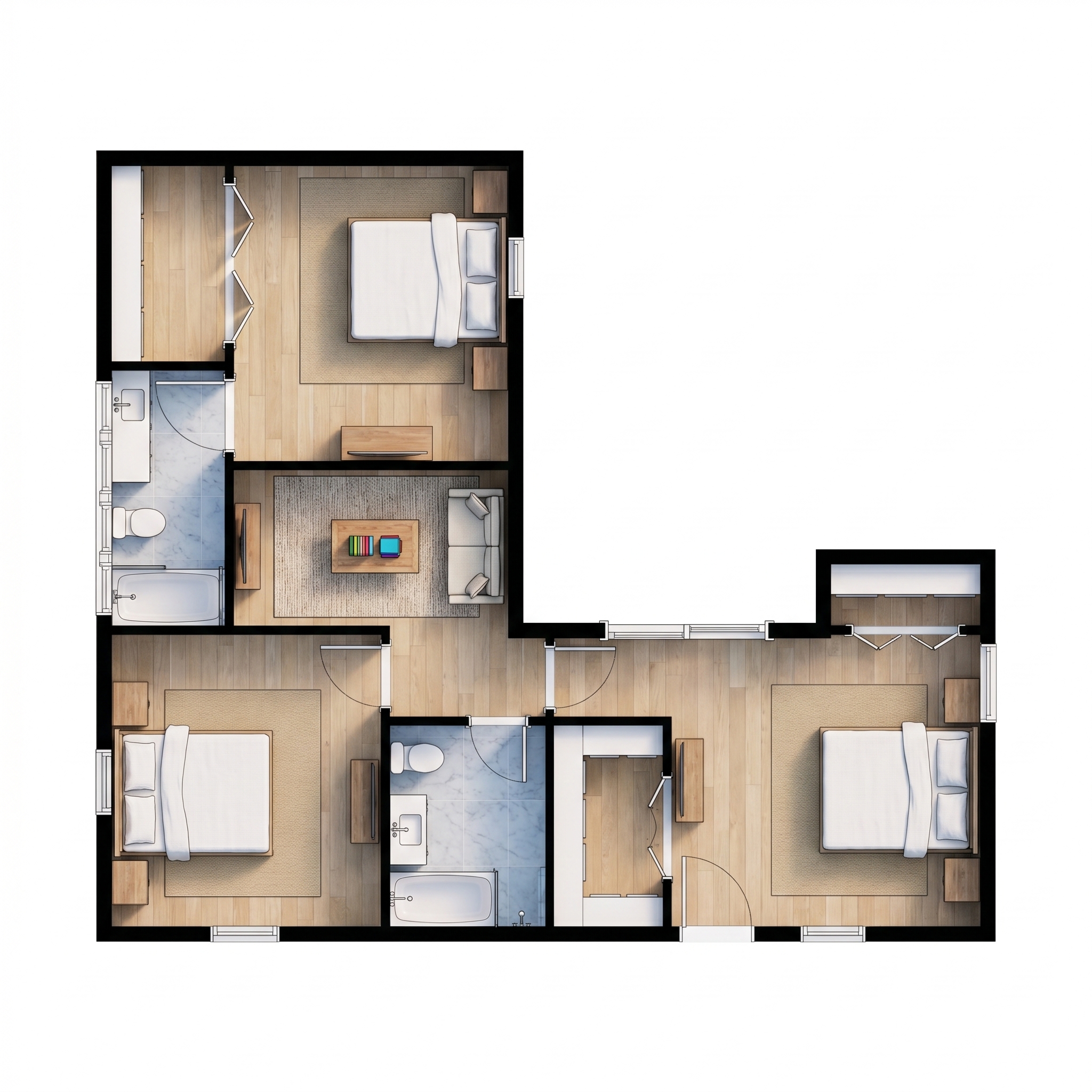 3 bedroom dark floor plan showing 2 bathrooms - 702 sq ft