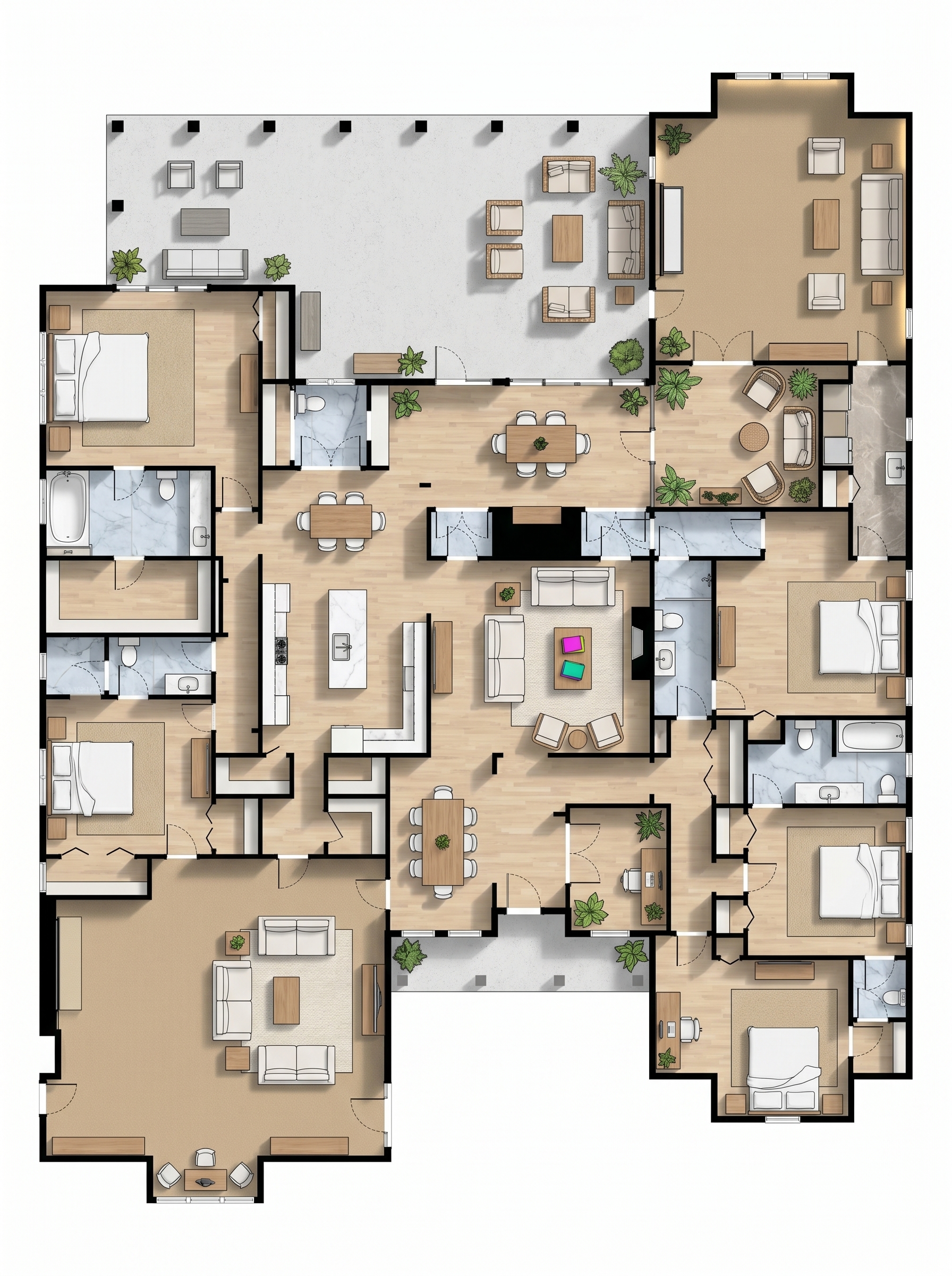 4 bedroom bright floor plan showing 8 bathrooms - 6,653 sq ft