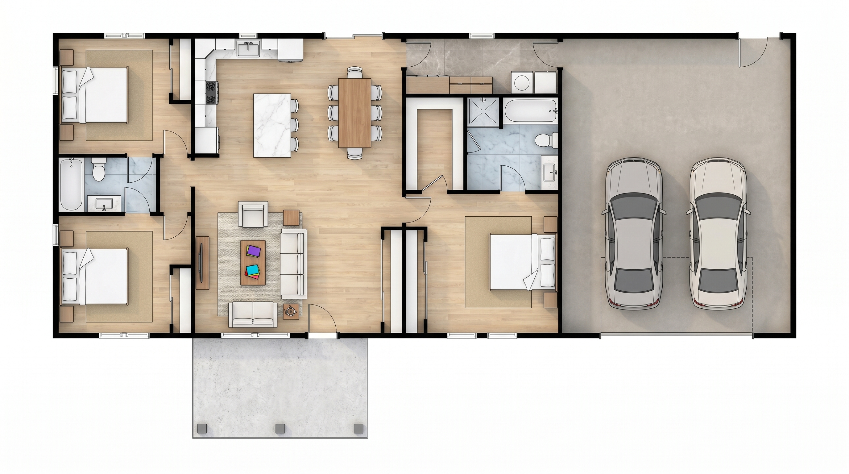 3 bedroom bright floor plan showing 2 bathrooms - 2,670 sq ft