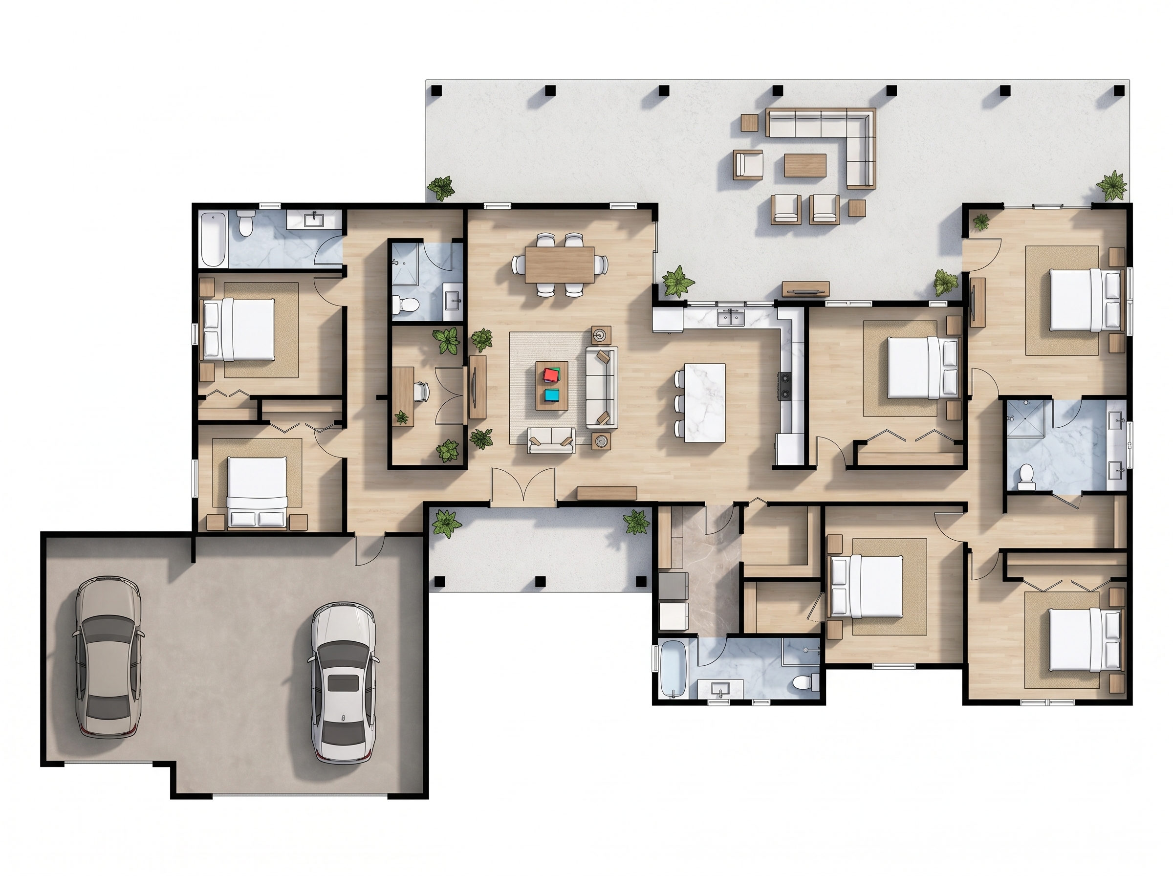 6 bedroom bright floor plan showing 4 bathrooms - 4,943 sq ft