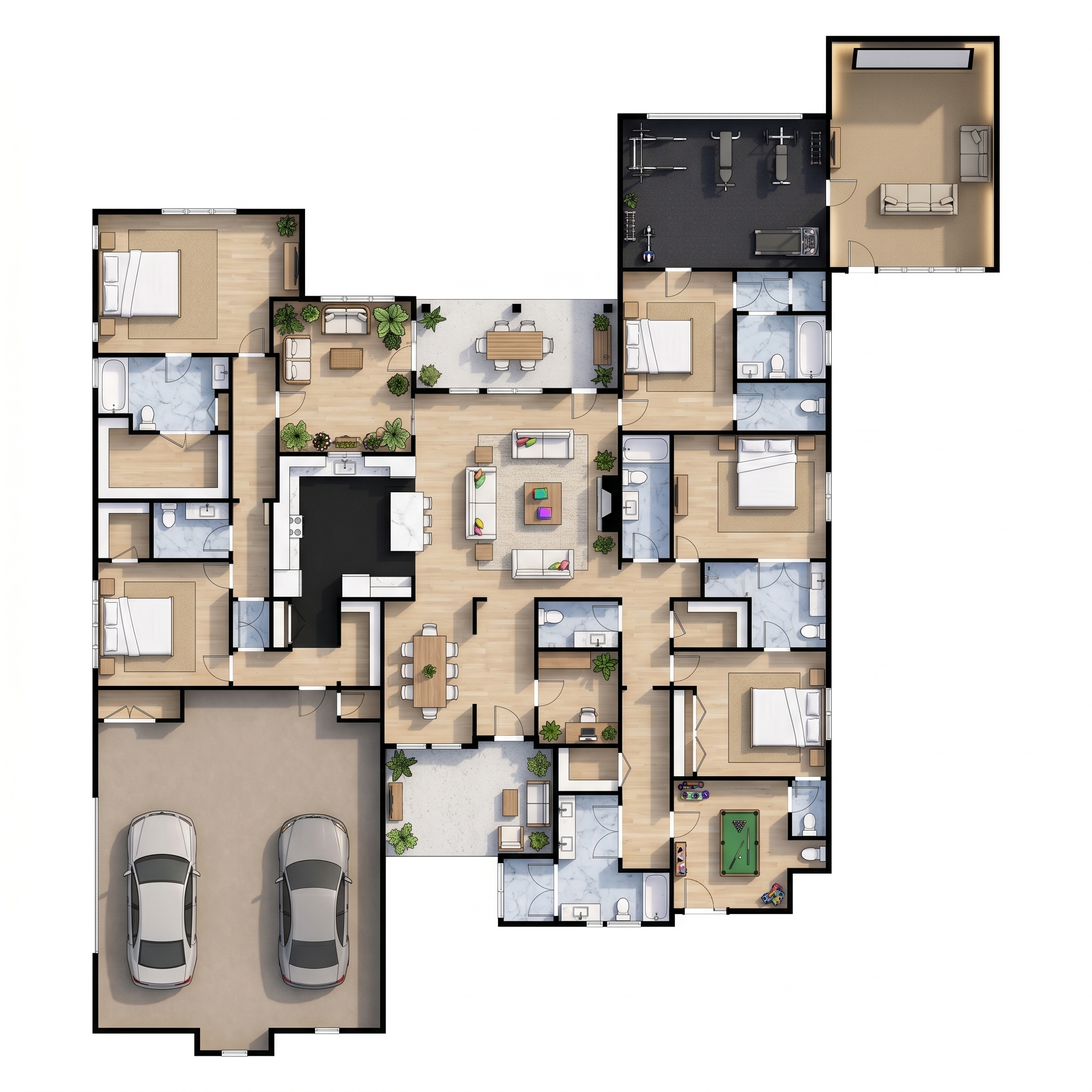 5 bedroom bright floor plan showing 11 bathrooms - 5,904 sq ft