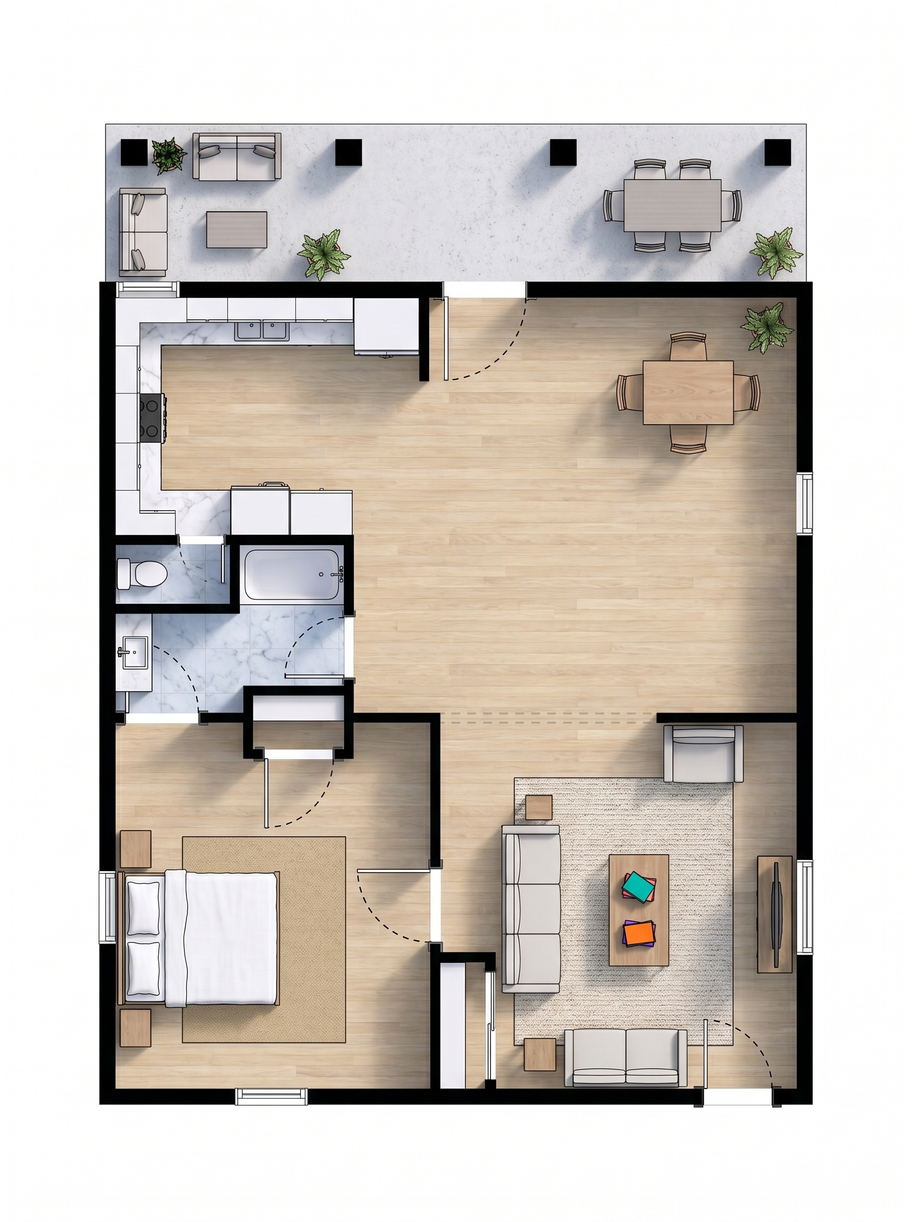 1 bedroom earthy floor plan showing 1 bathrooms - 905 sq ft