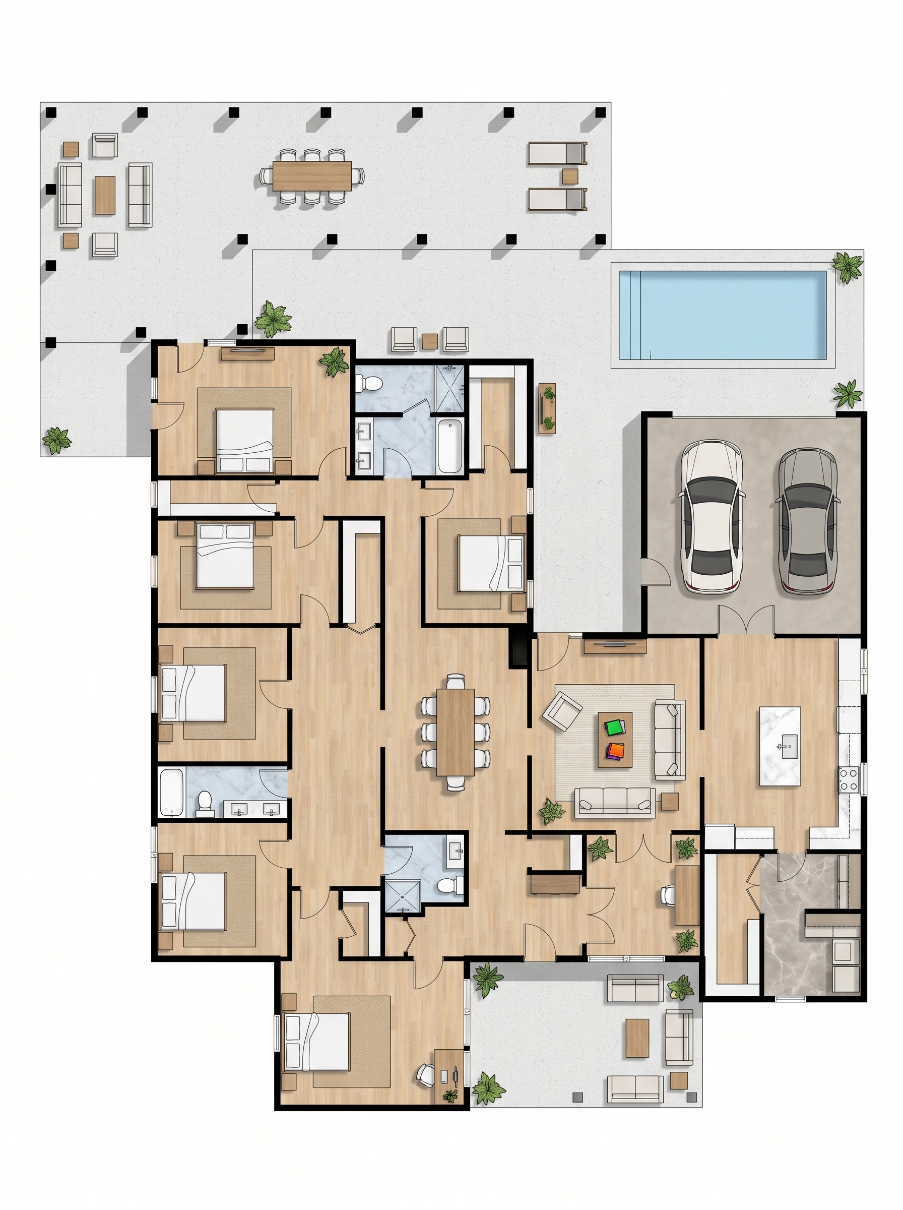 6 bedroom dark floor plan showing 4 bathrooms - 6,135 sq ft
