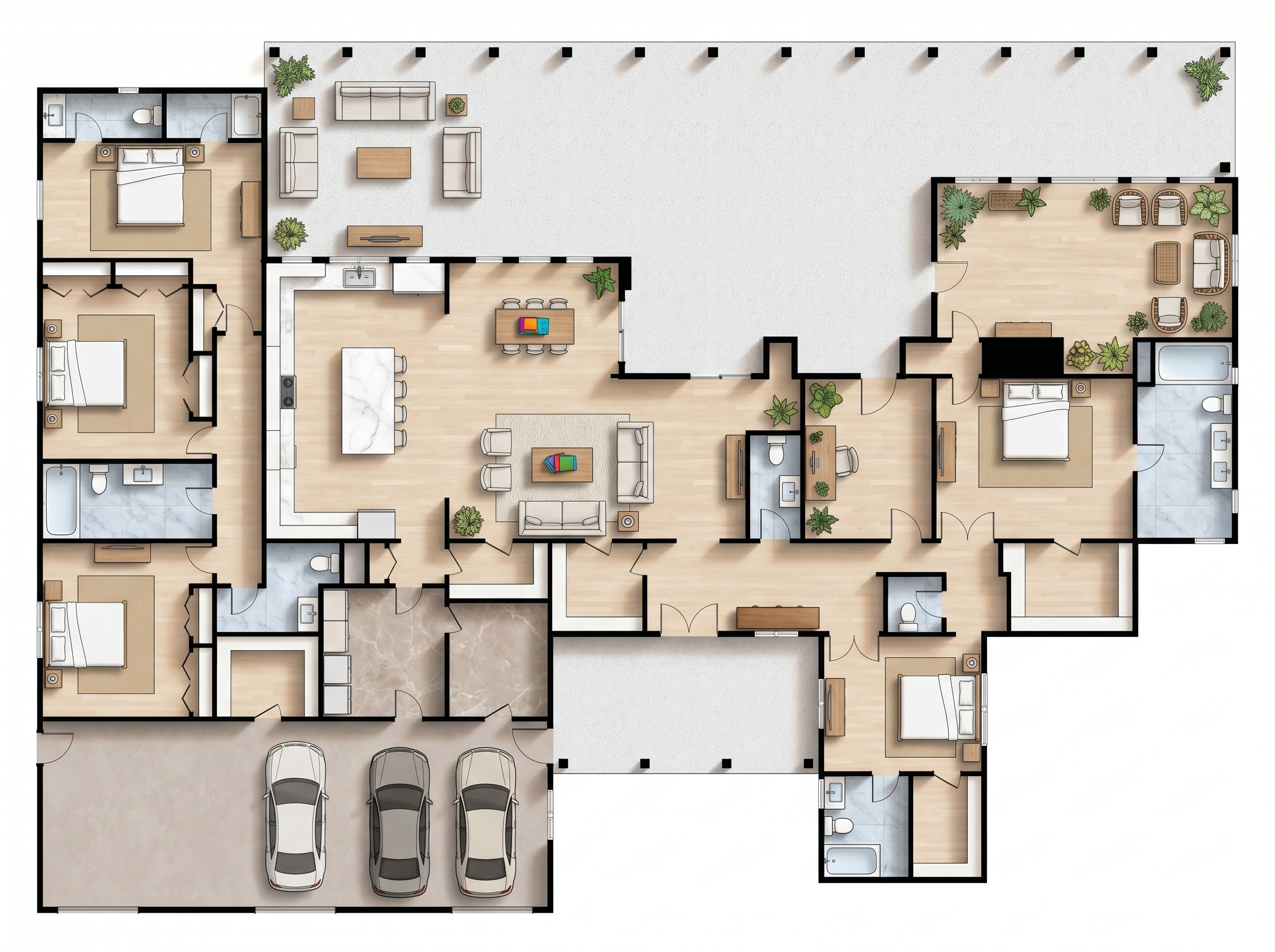 5 bedroom earthy floor plan showing 8 bathrooms - 9,107 sq ft