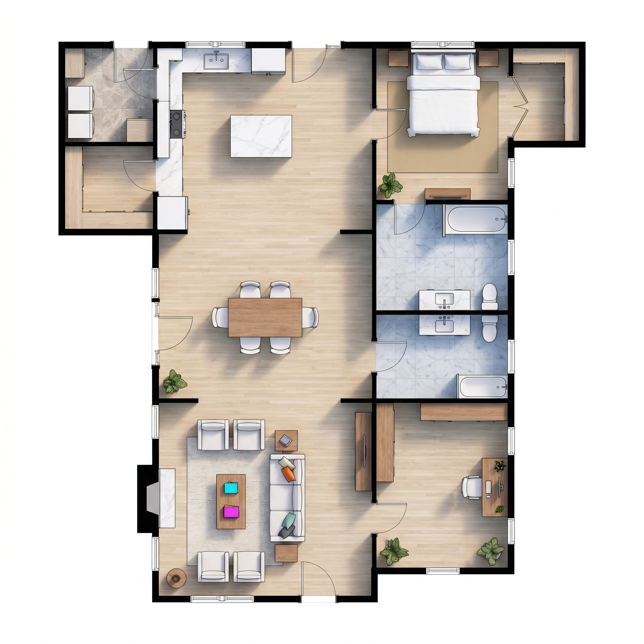 1 bedroom bright floor plan showing 2 bathrooms - 1,734 sq ft