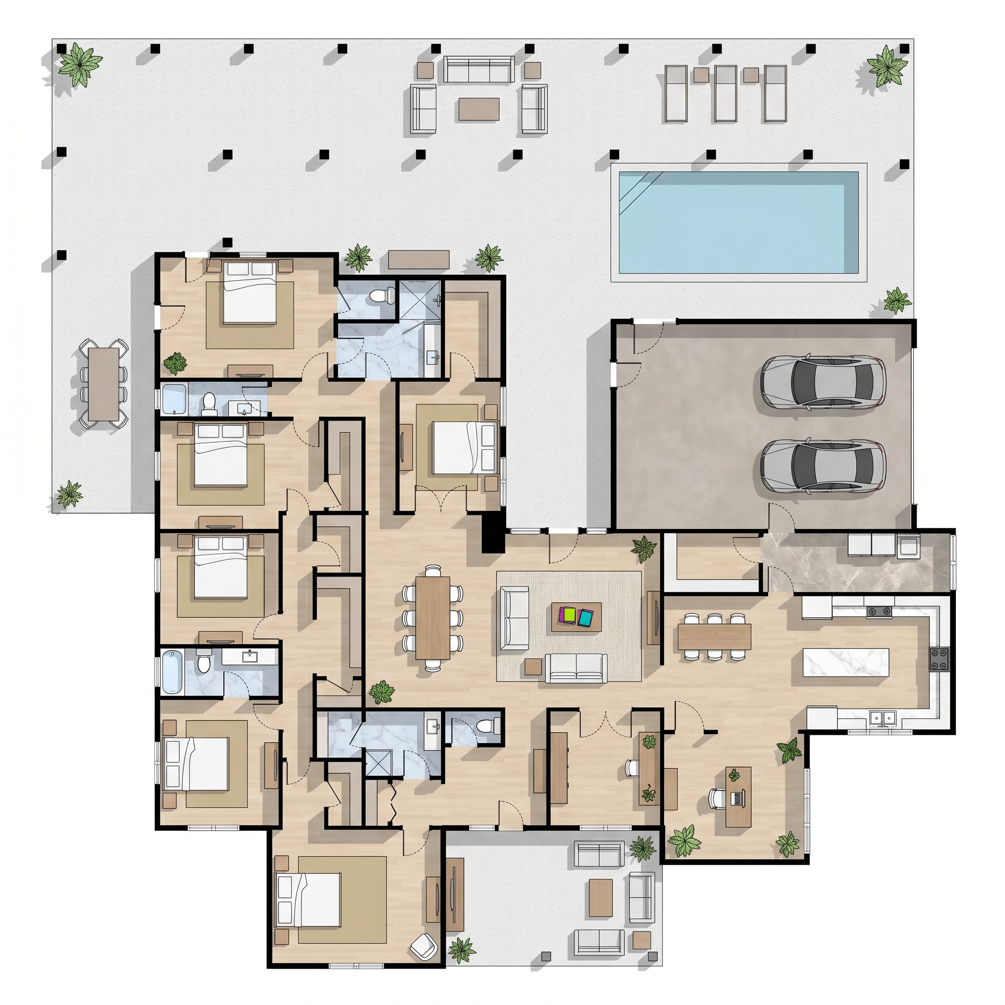 6 bedroom dark floor plan showing 5 bathrooms - 7,416 sq ft