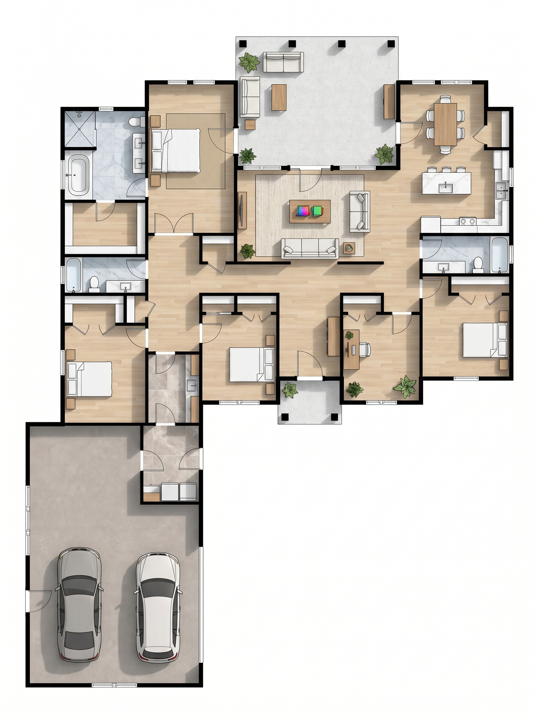 4 bedroom bright floor plan showing 3 bathrooms - 3,753 sq ft