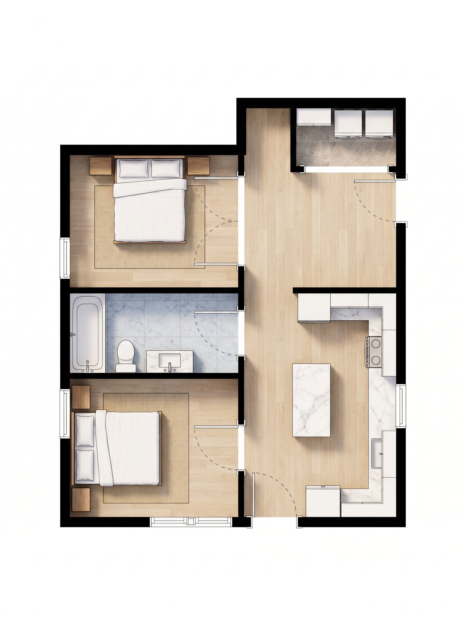 2 bedroom bright floor plan showing 1 bathrooms - 485 sq ft