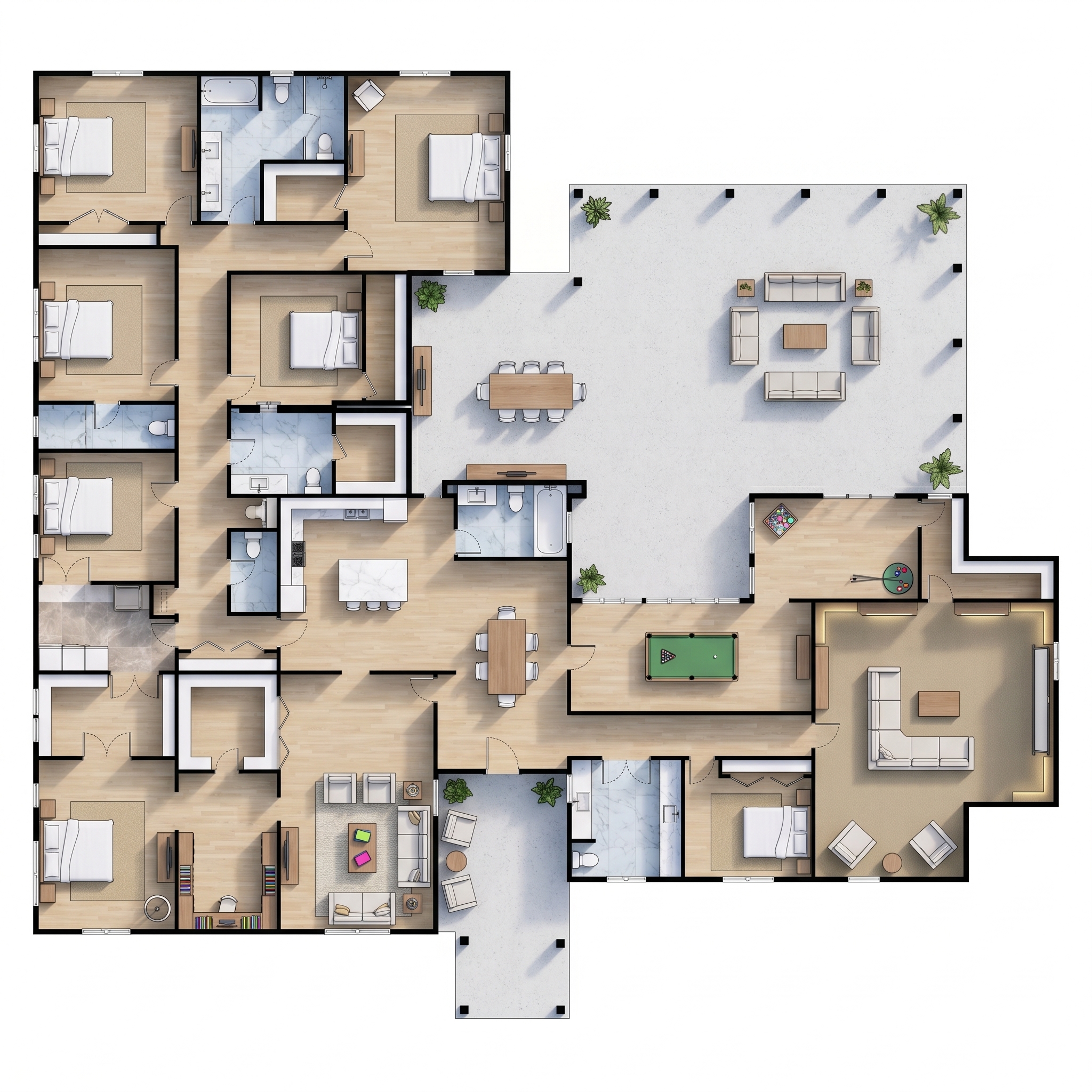 7 bedroom classic floor plan showing 5 bathrooms - 7,129 sq ft