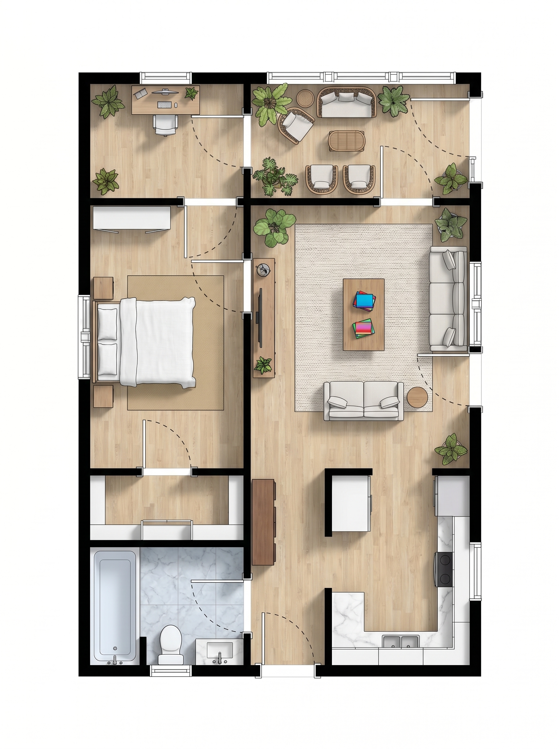 1 bedroom earthy floor plan showing 1 bathrooms - 607 sq ft