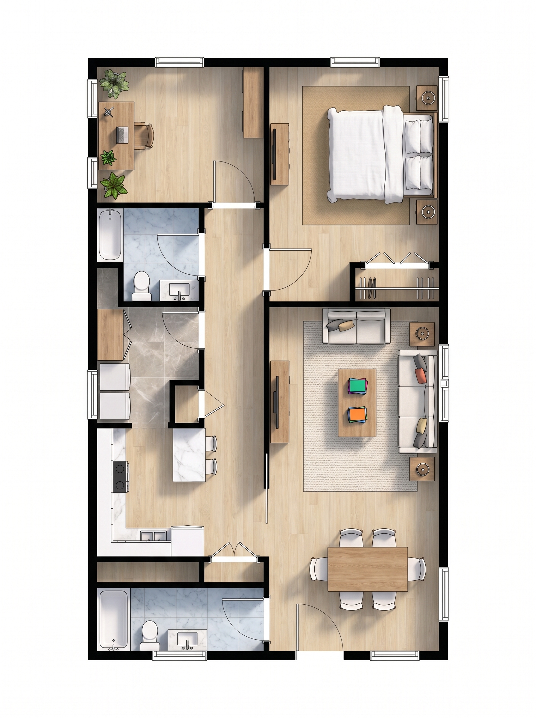 1 bedroom bright floor plan showing 2 bathrooms - 855 sq ft