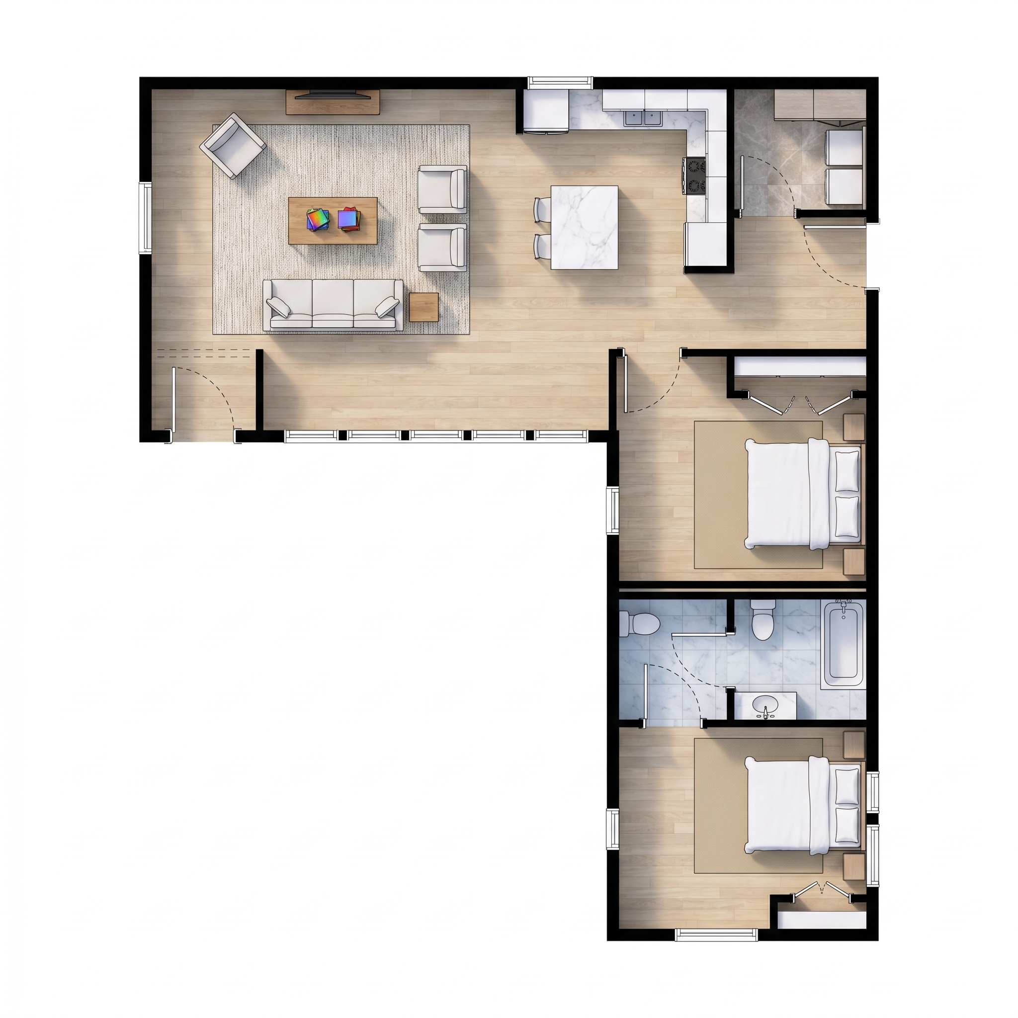 2 bedroom earthy floor plan showing 1 bathrooms - 895 sq ft