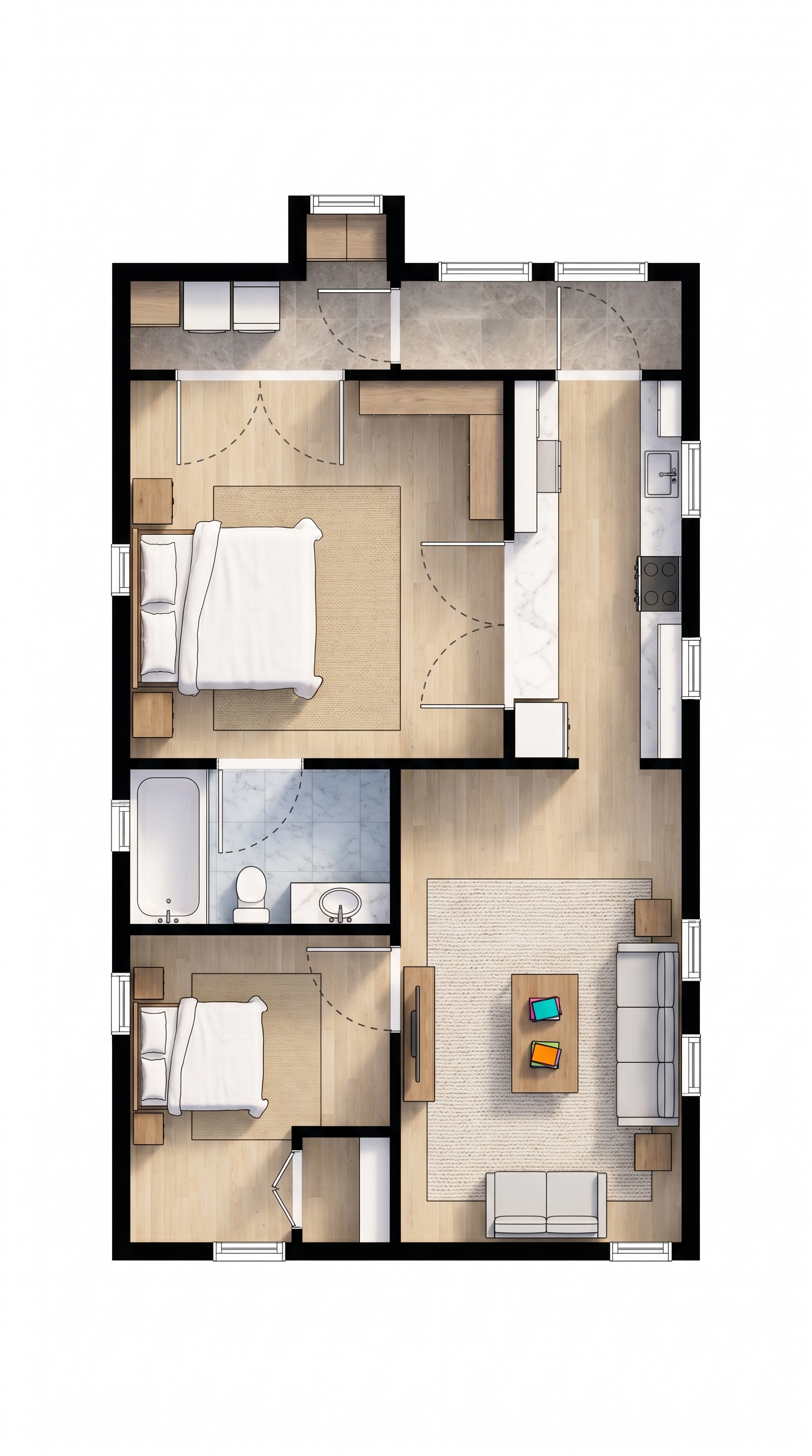 2 bedroom bright floor plan showing 1 bathrooms - 584 sq ft