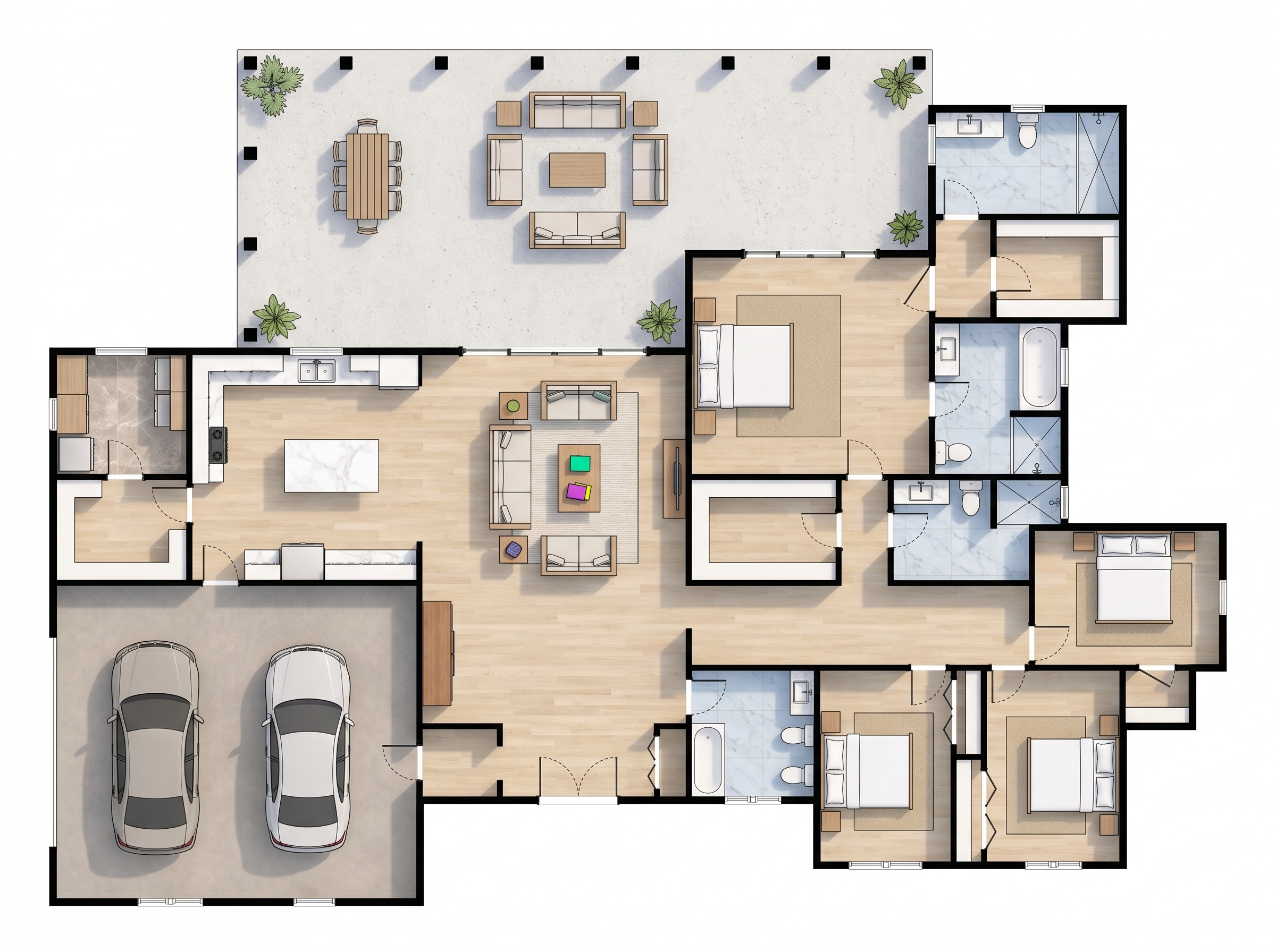 4 bedroom bright floor plan showing 4 bathrooms - 4,718 sq ft