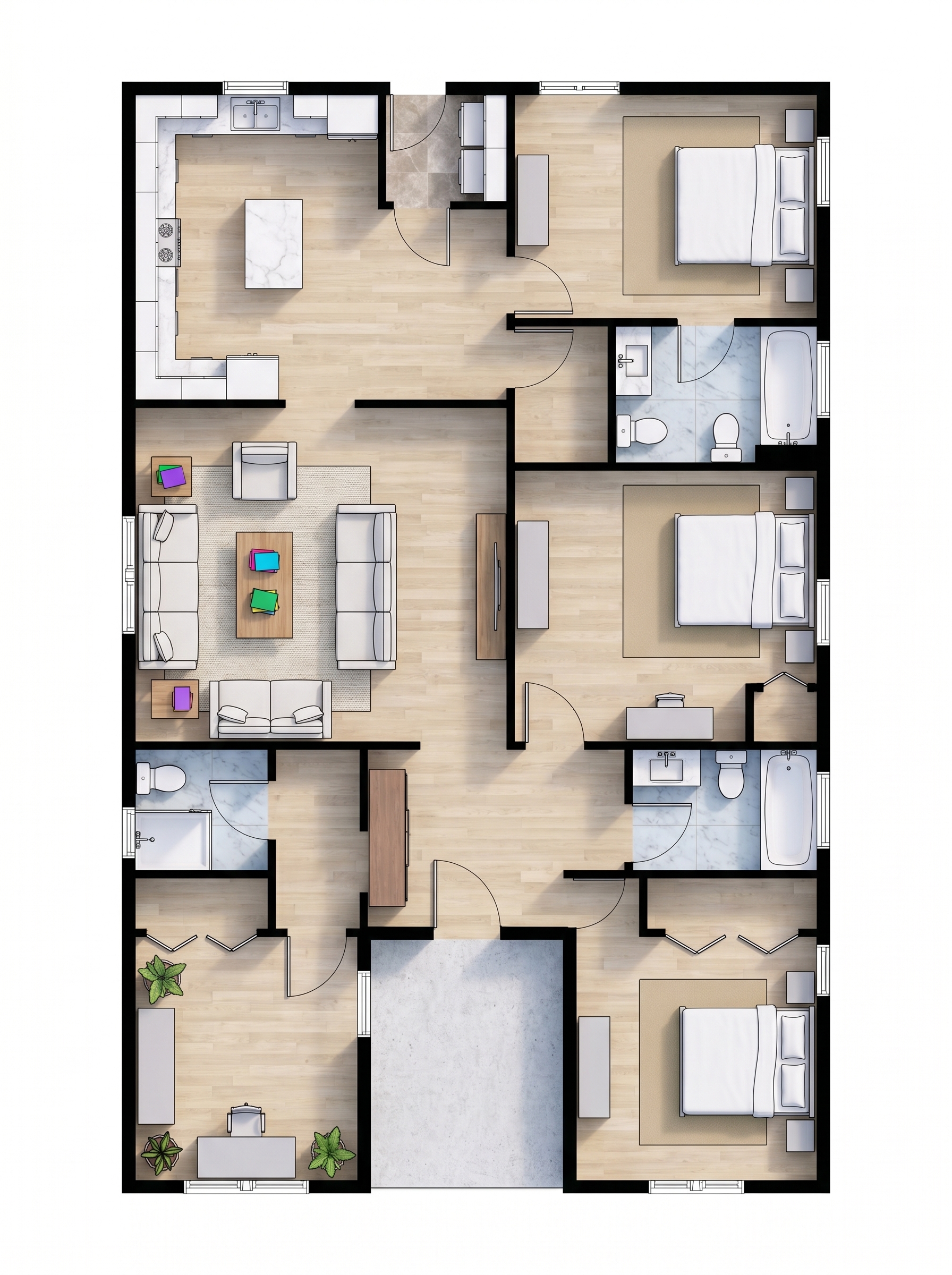 3 bedroom bold floor plan showing 2 bathrooms - 1,570 sq ft