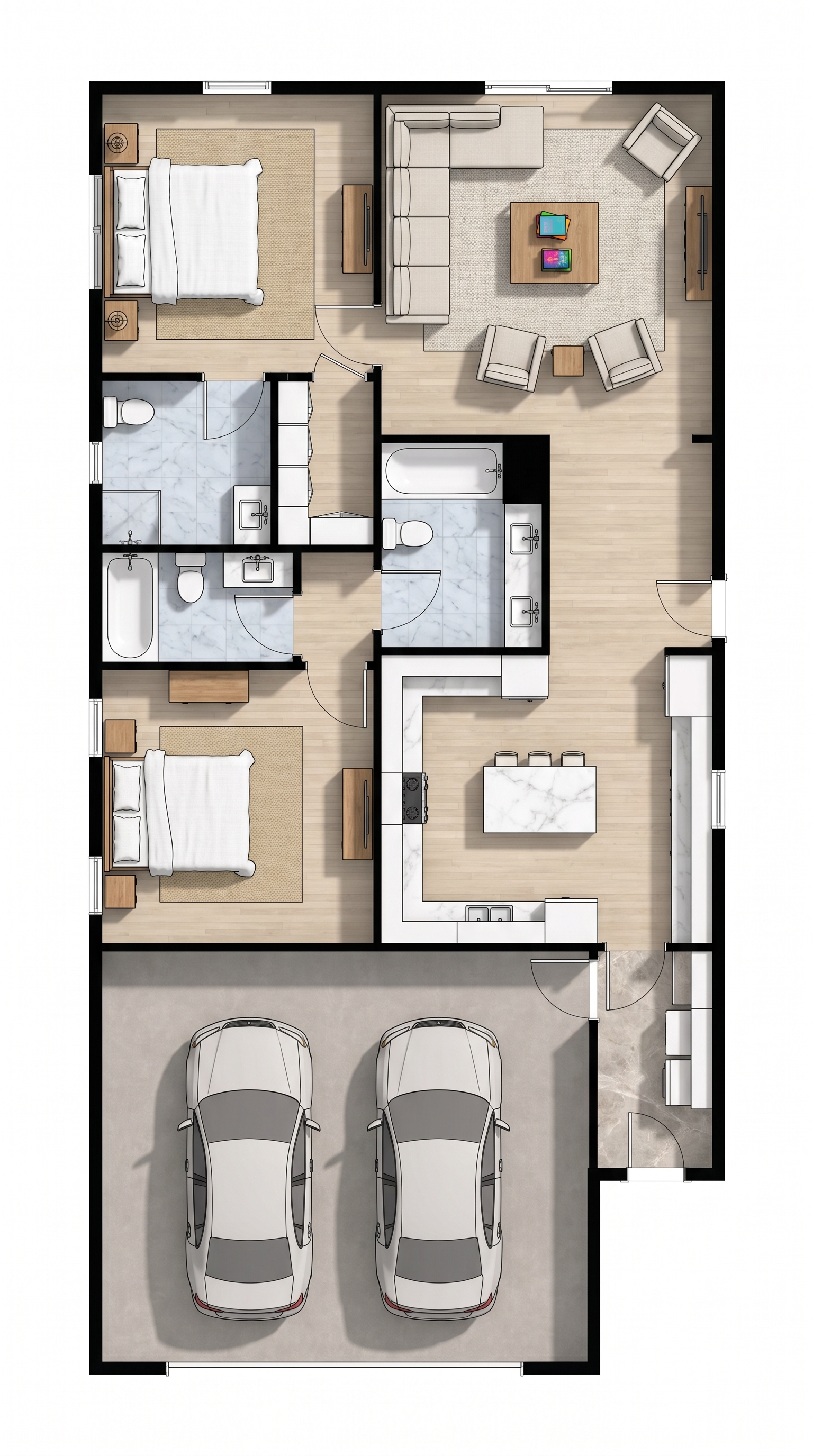 2 bedroom bright floor plan showing 3 bathrooms - 1,603 sq ft