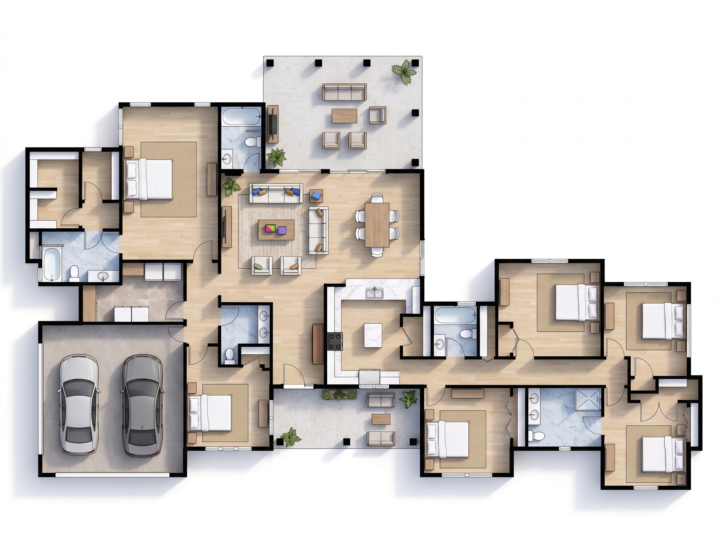 6 bedroom bright floor plan showing 7 bathrooms - 4,000 sq ft