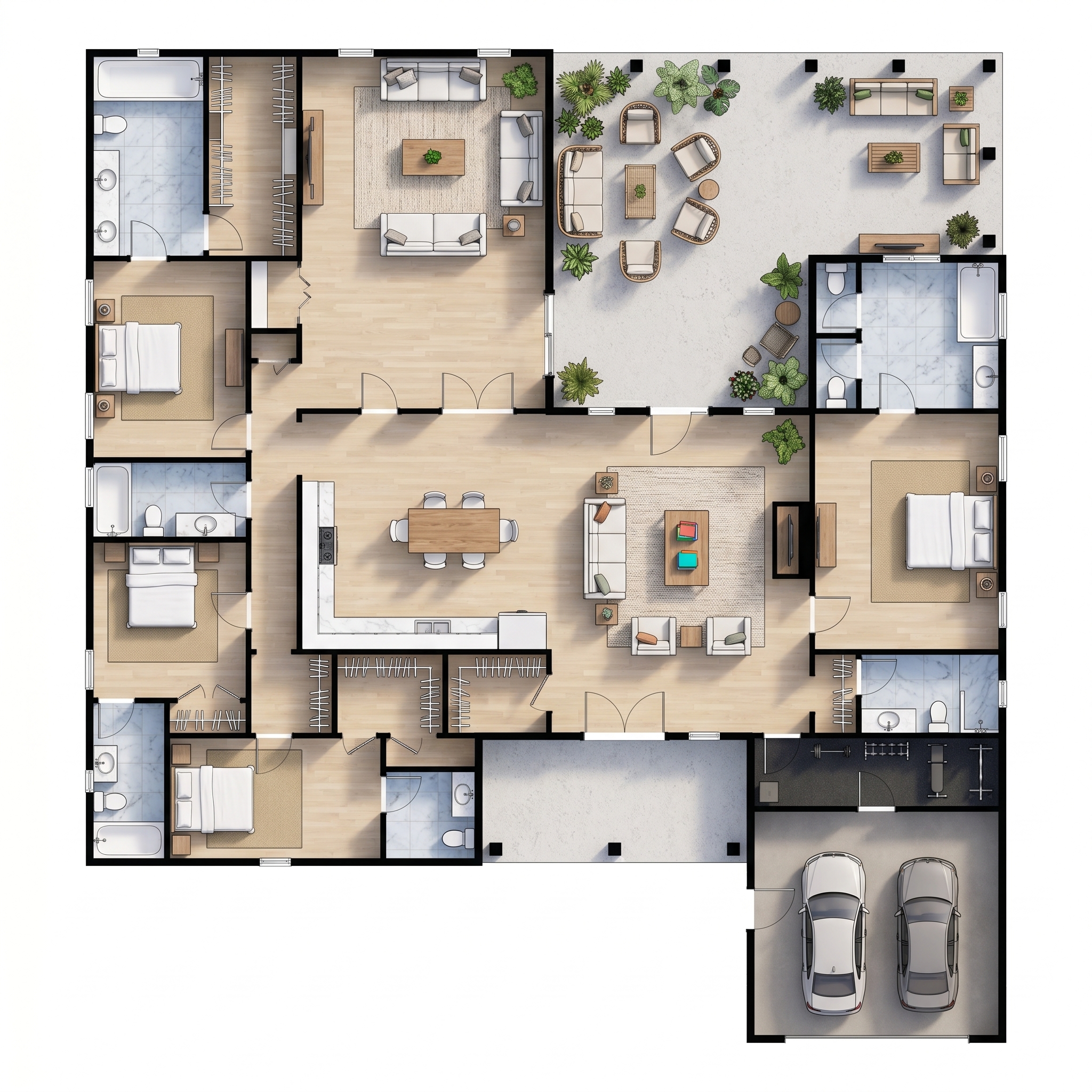 4 bedroom bright floor plan showing 6 bathrooms - 4,452 sq ft