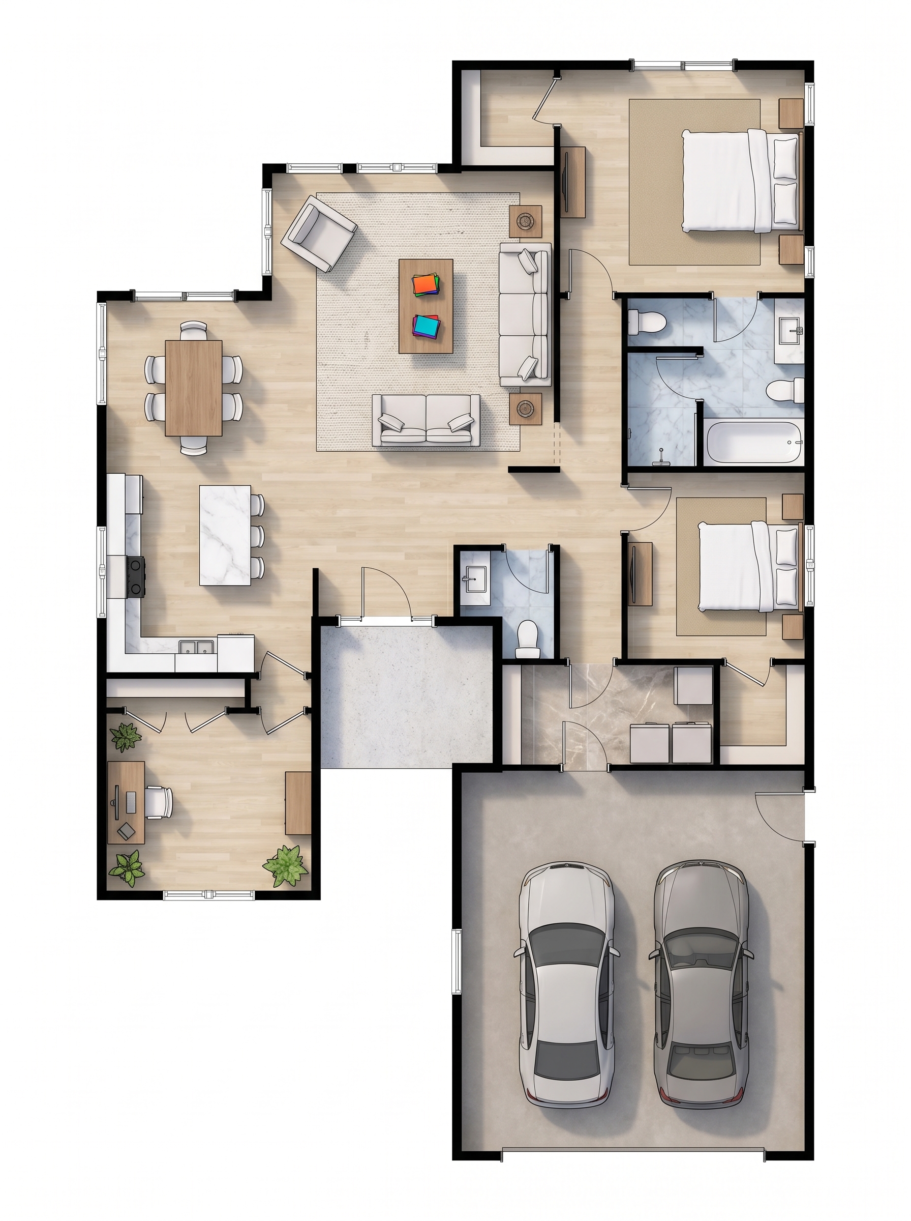 2 bedroom earthy floor plan showing 2 bathrooms - 2,279 sq ft